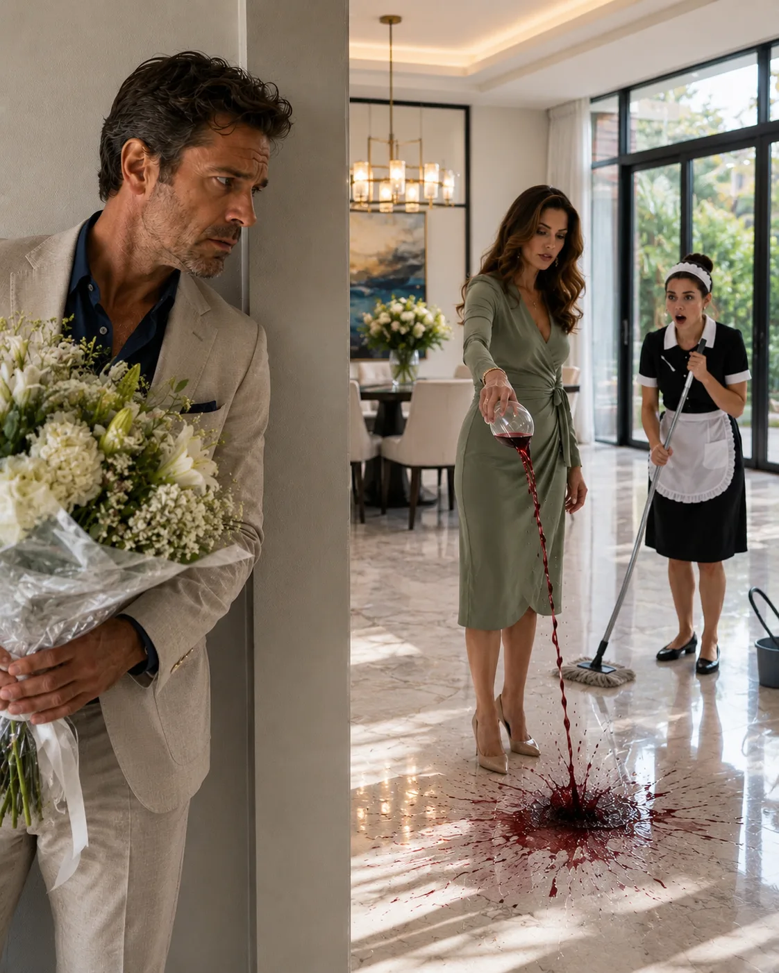 Three weeks before the wedding, he returned home early with flowers to surprise his fiancée. But before entering the kitchen, he saw her deliberately spill wine on the floor the maid had just cleaned. “Clean it up again,” she ordered.
