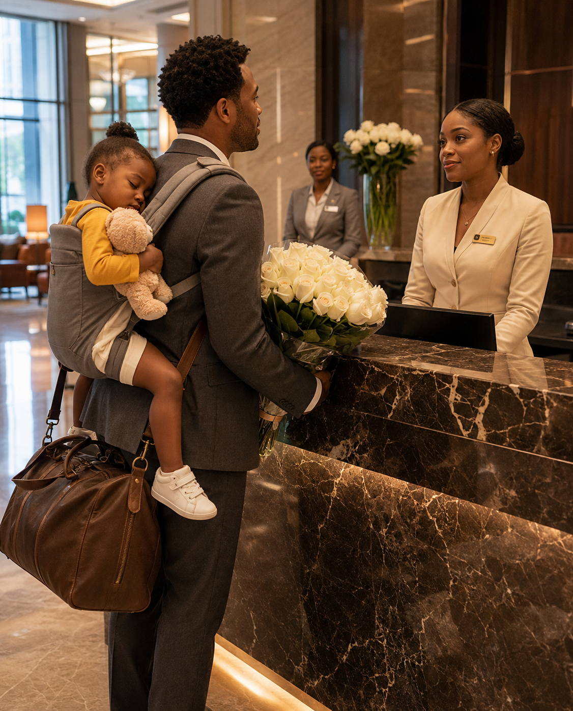 A widowed father was turned away at his own hotel with his sleeping daughter in his arms… but by the time the staff realized who he truly was, it was already too late.