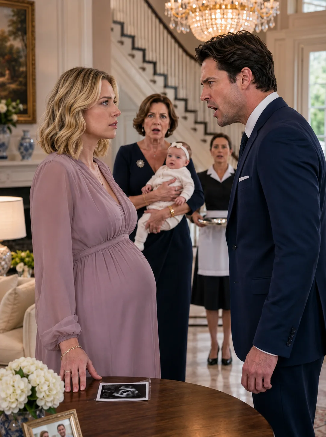 The room went quiet when I placed the ultrasound photo on the coffee table. My husband, Aleric, looked at it, then at me, while his mother stood beside the bassinet holding the three-month-old baby he had brought into our Greenwich home only days earlier.