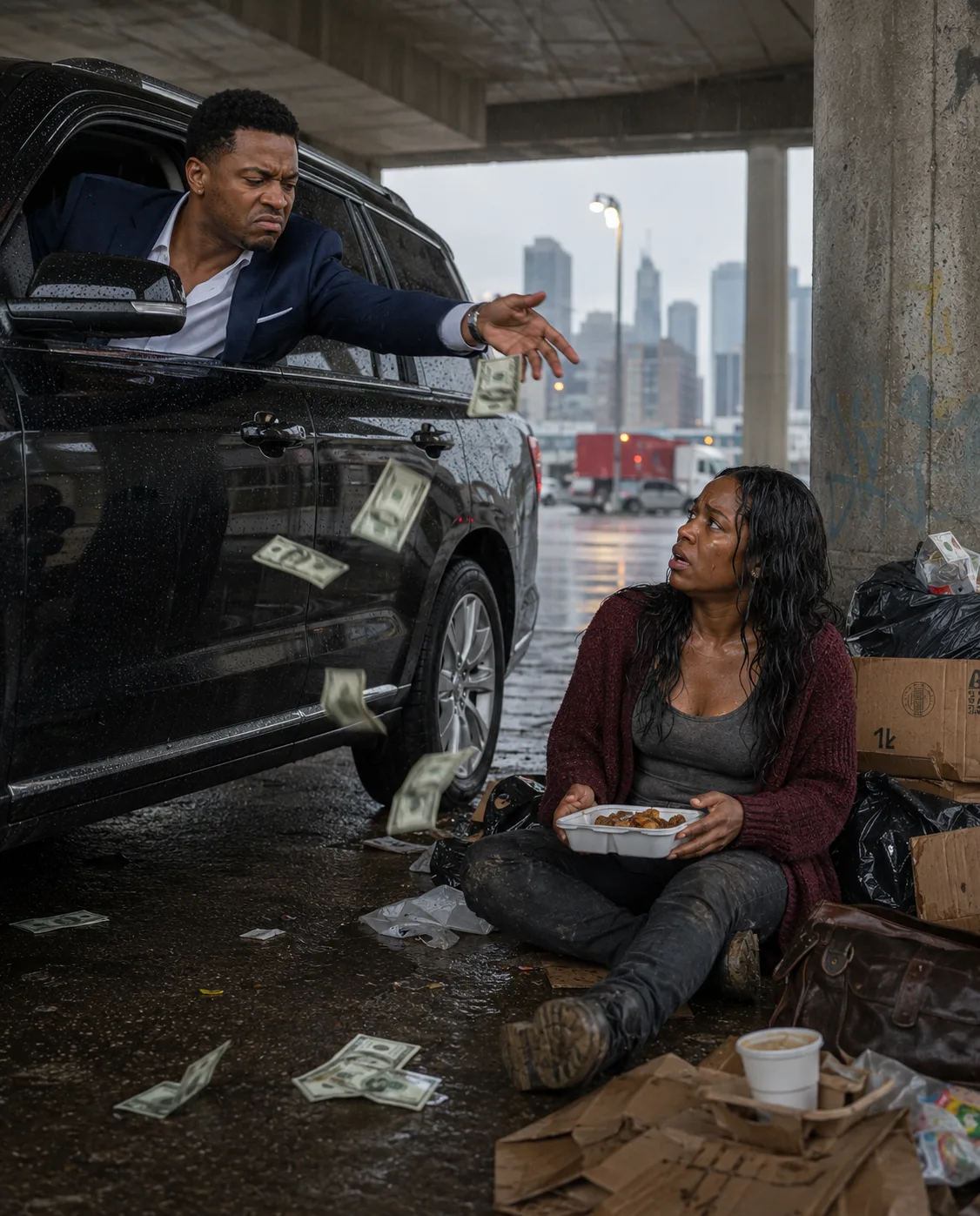 I Came Back to town in My Luxury SUV and Saw My Ex-Wife Searching Through Trash for Bottles Beneath a Bridge. I Rolled Down the Window, Tossed $500 Into the Mud, and Mocked Her, “Did the Millionaire Finally Abandon You?” She Didn’t Pick Up the Money. She Simply Looked at me and kept walking.