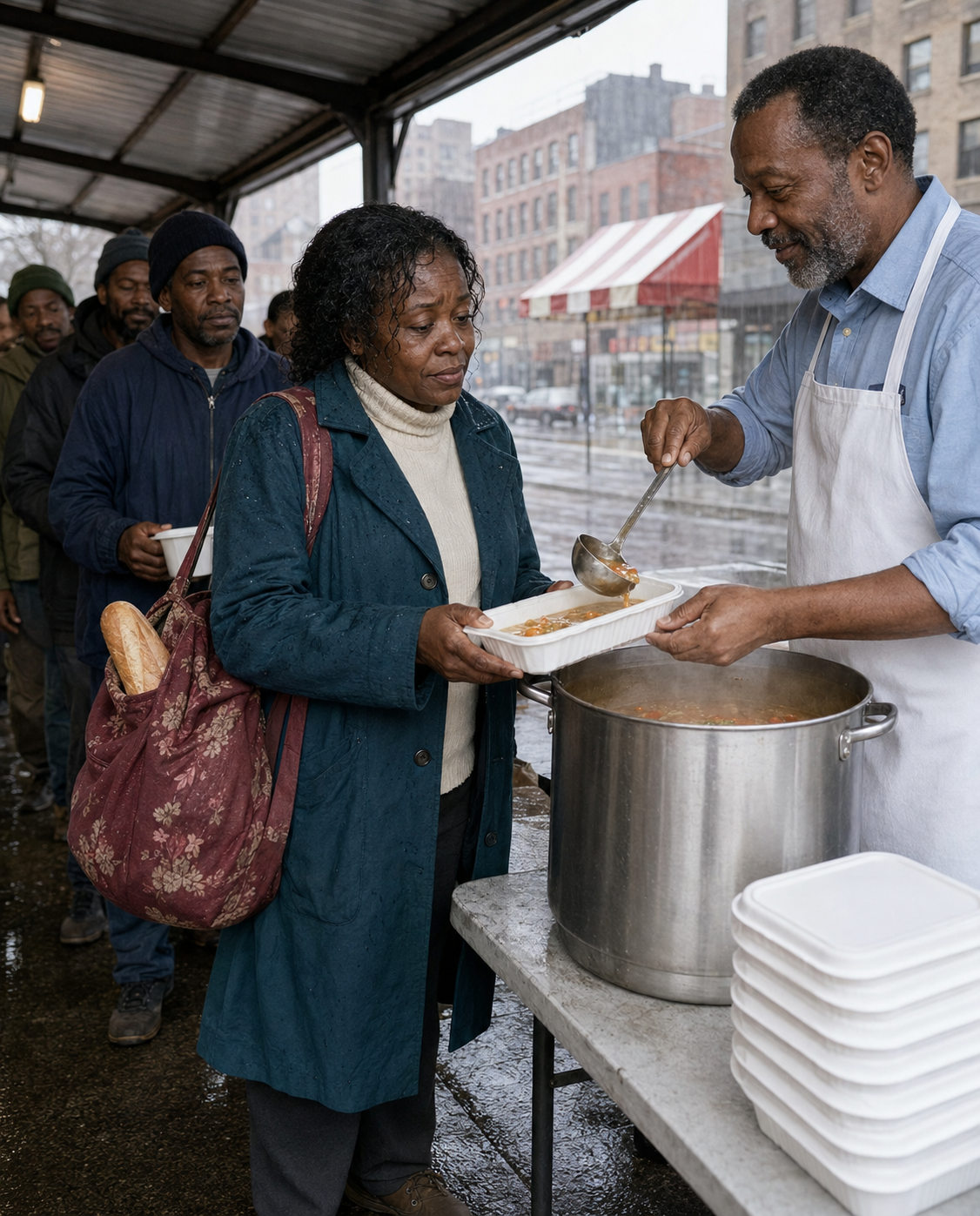 While handing out free meals, I recognized my ex-wife in the line and m0cked her: “Did the rich man you left me for finally abandon you?” She only said, “Thank you,” and walked away with her plate. I followed her to the end of the street… and there I saw a four-year-old girl with the same eyes as mine.
