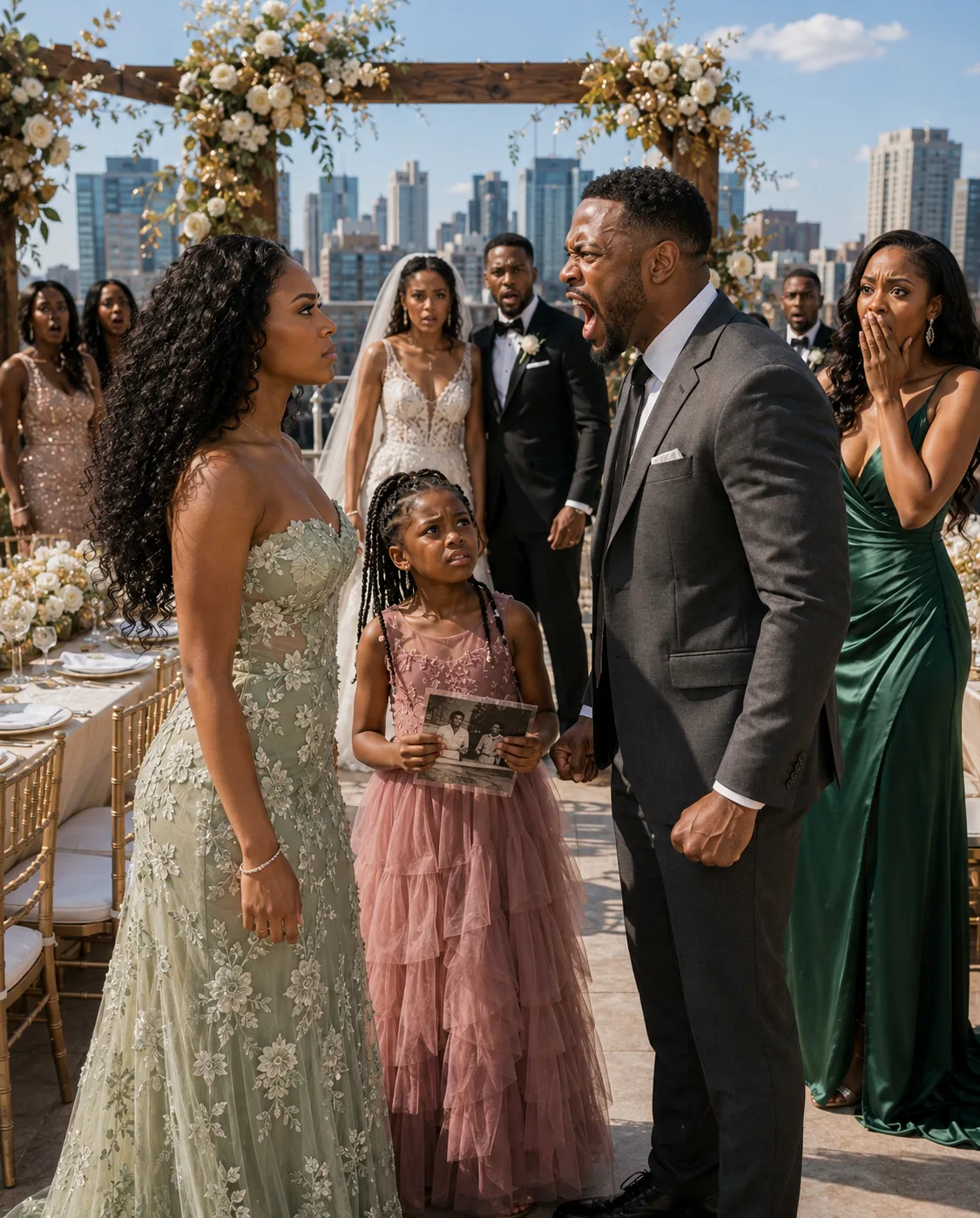 Five years after our divorce, I faced my ex-husband again at a wedding. He mocked me while his new partner stood beside him smiling, clearly enjoying my discomfort. I refused to react—until a little girl suddenly ran toward me and shouted, “Mommy!” In that instant, his partner’s smile vanished and her face turned pale with fear.
