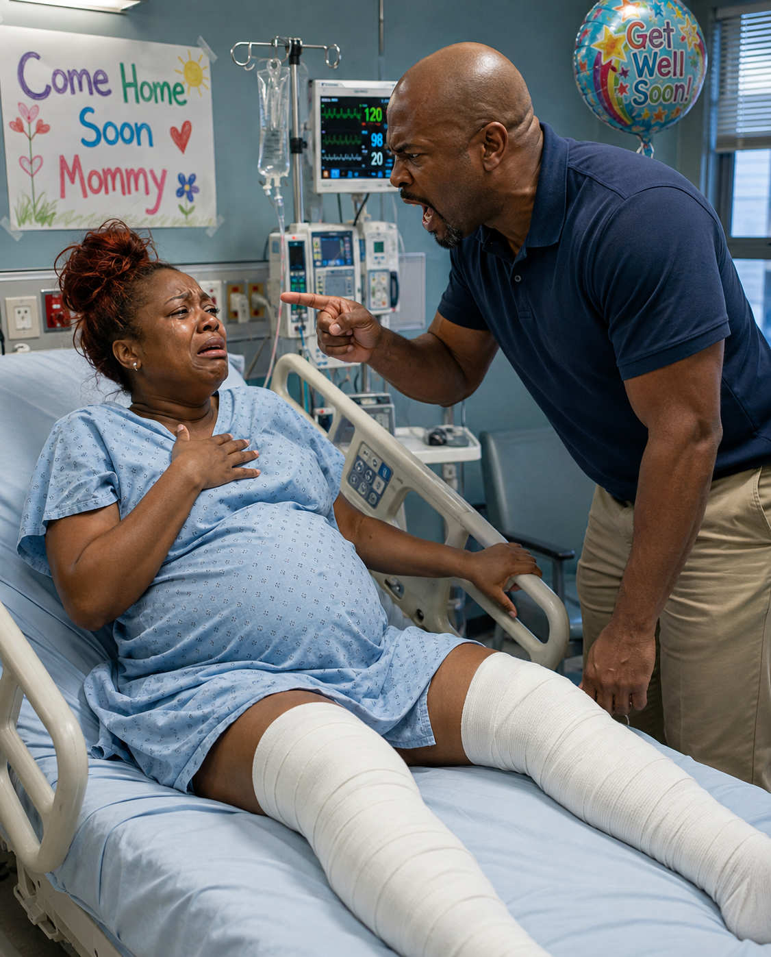 After a devastating car crash, I spent three weeks trapped in a hospital bed with both legs broken. When my husband finally appeared, he brought no flowers and no concern—only rage. “I’m done paying for this,” he snapped. Then he seized my arm and tried to drag me out of bed. I refused for the first time in eleven years. His next move set off every alarm in the room… and exposed the secret behind the crash.