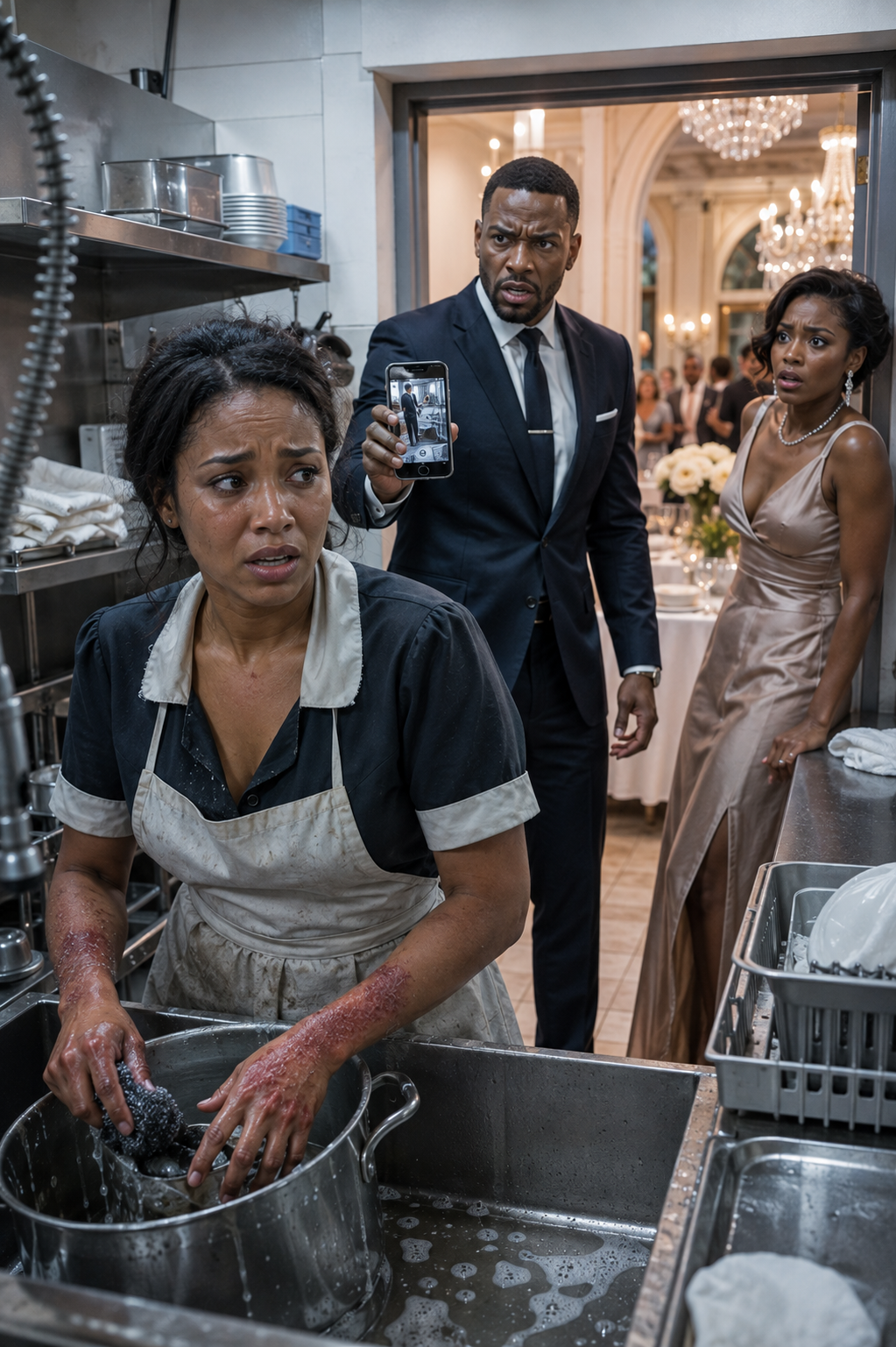 "I Came Home Early From a Business Trip to Find My Family Throwing a Lavish Party With My Money — While My Wife Scrubbed Pots Alone in the Service Kitchen With Bleeding Hands. None of Them Knew I Was Already Watching on My Phone."
