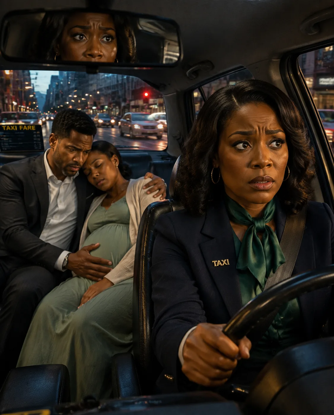 An intense, dramatic scene inside a taxi driving through a busy city street at dusk, with blurred storefronts, traffic lights, and other cars visible through the windows. In the driver's seat, a focused Black American woman in her mid-30s with shoulder-length wavy hair, wearing a navy blazer uniform with a gold "TAXI" pin and a deep emerald silk scarf tied at her neck, grips the steering wheel with a worried, alert expression, seatbelt across her chest. In the rearview mirror, her tense reflection shows furrowed brows and parted lips. In the back seat, a concerned Black American man in his 30s wearing a dark charcoal suit and white dress shirt sits close beside a visibly pregnant Black American woman in her late 20s, her head resting on his shoulder, eyes closed as if faint, wearing a sage-green flowing maternity dress layered with a cream cardigan, his arm protectively wrapped around her shoulder while his other hand rests near her belly. The city skyline glows softly through the windows with warm streetlight tones mixing with cool evening blues. Bright, crisp, well-lit warm-toned lighting throughout contrasted with cool city dusk tones, high detail, photorealistic, cinematic composition, urgent emergency-drive atmosphere, aspect ratio 928:1152.