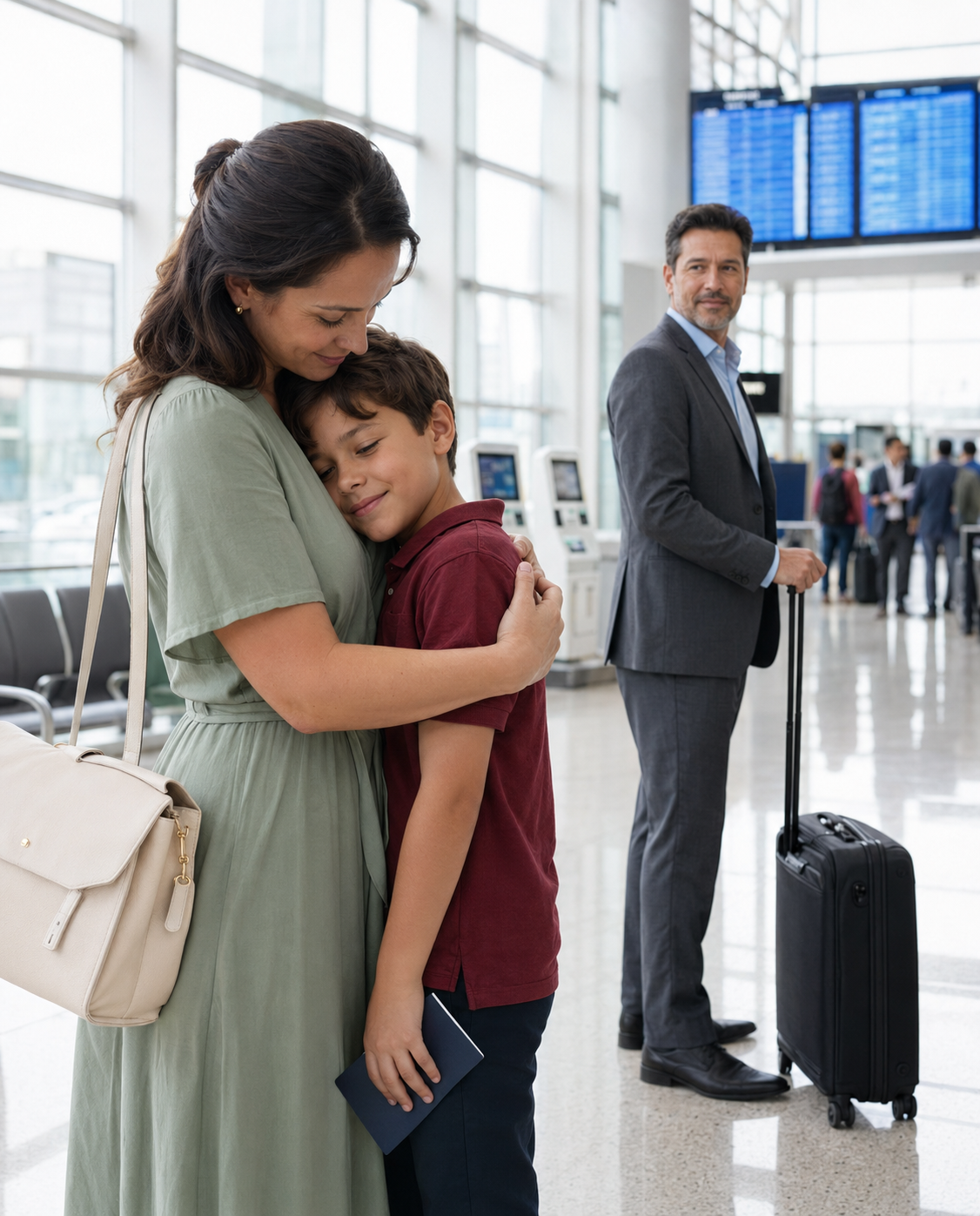 After our divorce hearing, my 12-year-old son chose to live with his father and told the judge, “Mom can’t give me a future.” I walked away without arguing, but at the airport he hugged me, slipped a black card with 6 million dollars into my pocket, and left a message that revealed he had been pretending for a dangerous reason.