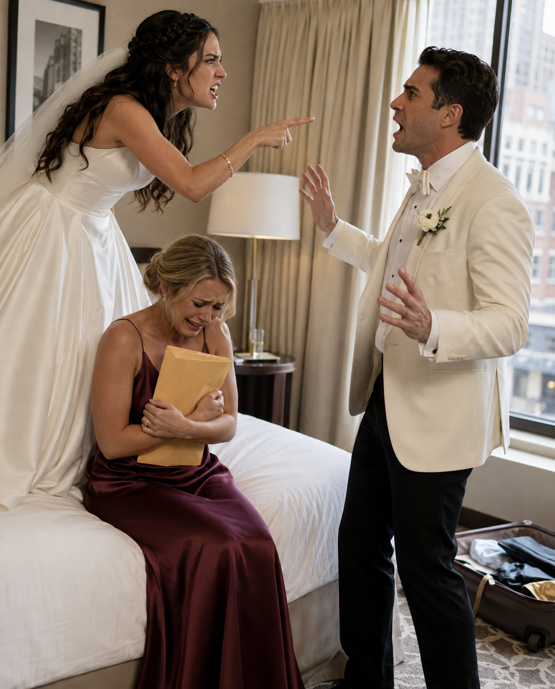 On my wedding night, I pushed open my bedroom door and discovered my sister seated on my bed wearing silk sleepwear. She smiled and said, “He chose me because I can give him what you never could.” Then my husband walked in—and her confidence disappeared.