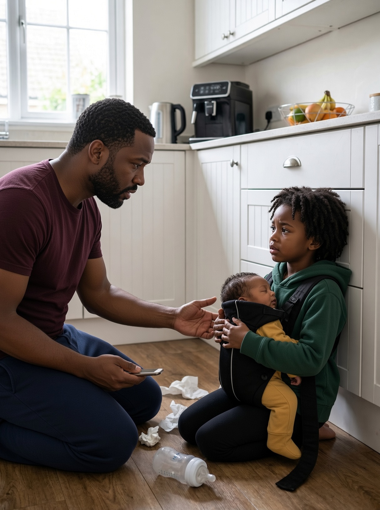 My 9-year-old daughter called me from home and whispered, “Dad, I can’t hold the baby anymore.” I rushed back and found her worn out on the kitchen floor with my 8-month-old son strapped against her chest. But the moment I discovered the second phone hidden inside a bedroom drawer, I realized there was a very different reason she had been left there.