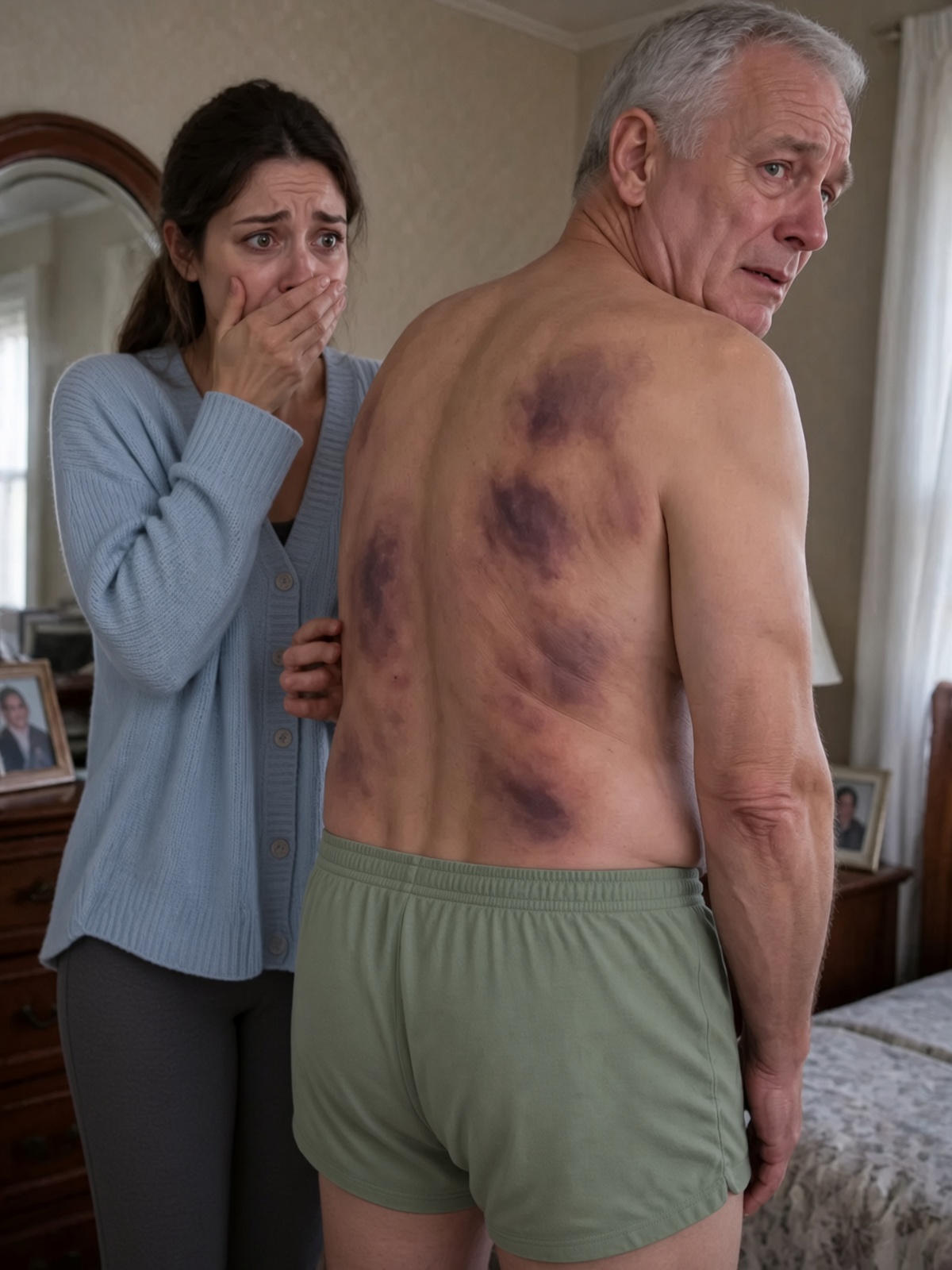 I came home to visit my elderly father, but when I offered to help bathe him, he shrank back in terror. “Please… don’t take off my coat,” he pleaded, his body trembling. The moment I carefully slipped it from his shoulders, I saw dark bruises and rope marks covering his fragile skin.