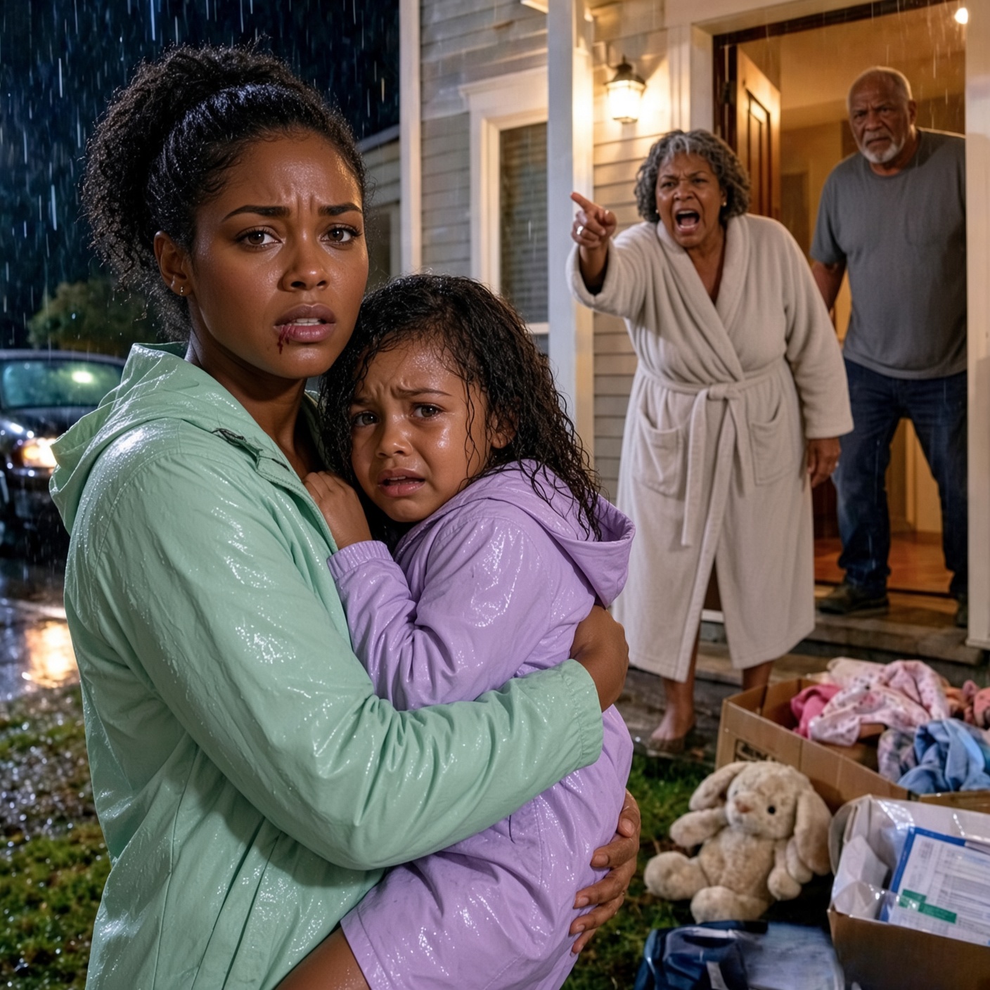 When I brought my daughter home from the ER, my mother had already thrown all our belongings outside. “Pay her rent or get out!” she screamed, demanding $2,000. I refused. My father slapped me so hard I hit the ground, bleeding—right in front of my child.