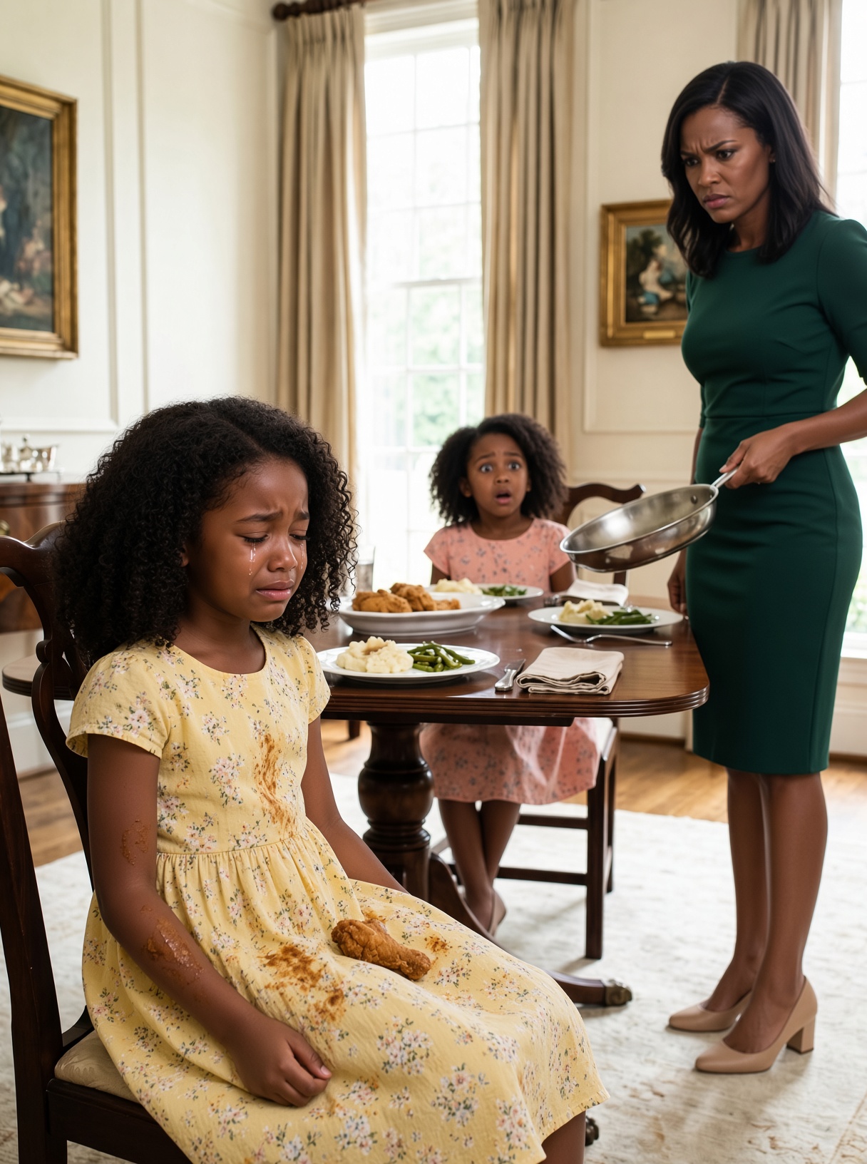 My four-year-old daughter and my niece accidentally wore almost identical dresses to Sunday dinner, and both girls were delighted. My older sister wasn’t. She demanded that I change my daughter, then lost her temper at the table and hur:led a skiIIet of fri:ed chicken toward her. But while my terri:fi:ed little girl clung to me covered in sauce, my mother didn’t blame my sister. She looked at me and said, “I told you to change her dress.”
