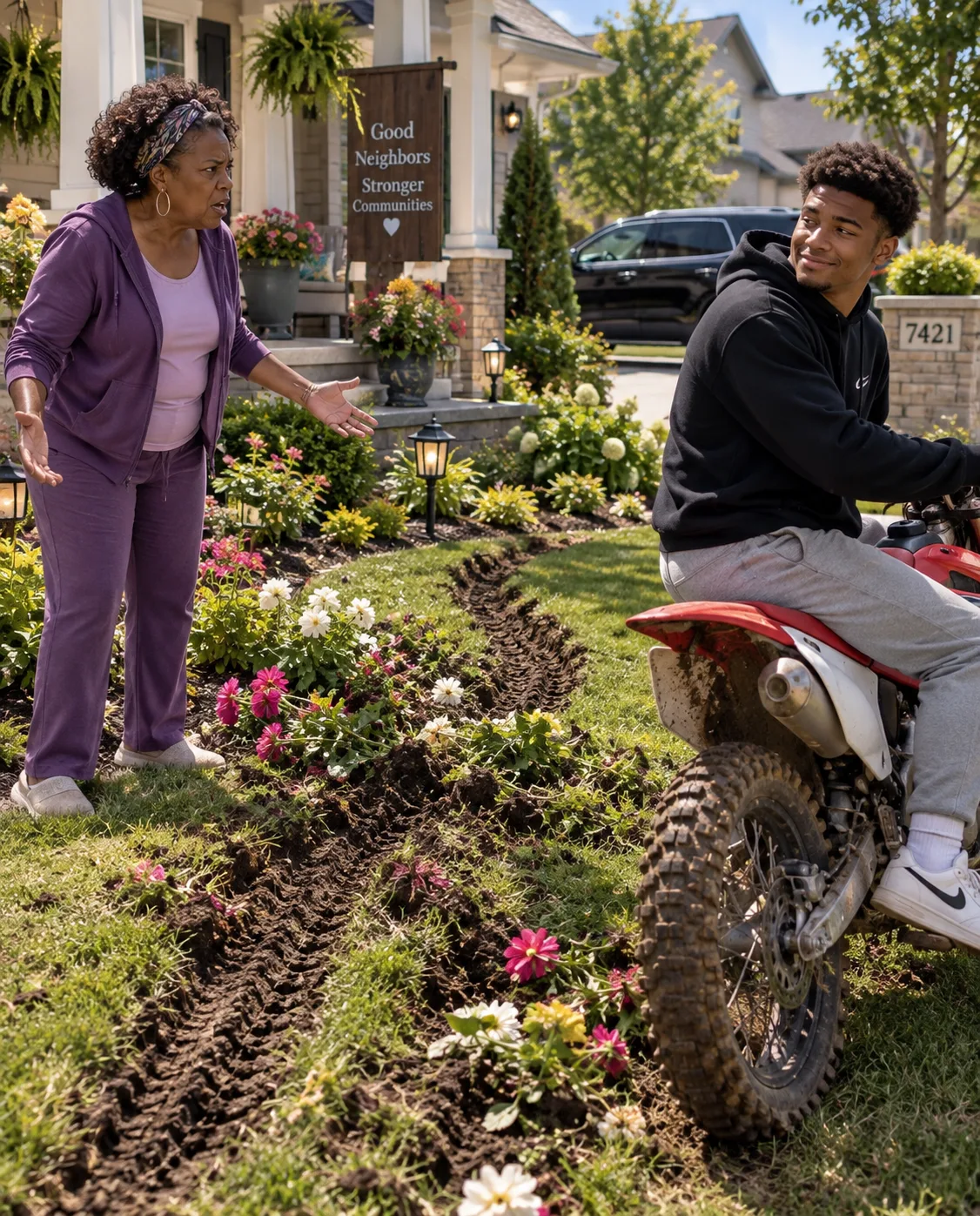 MY NEIGHBOR’S SON DESTROYED THE GARDEN MY LATE HUSBAND PLANTED—THE NEXT MORNING, ONE SMALL ENVELOPE WAS WAITING BESIDE HIS MOTORCYCLE