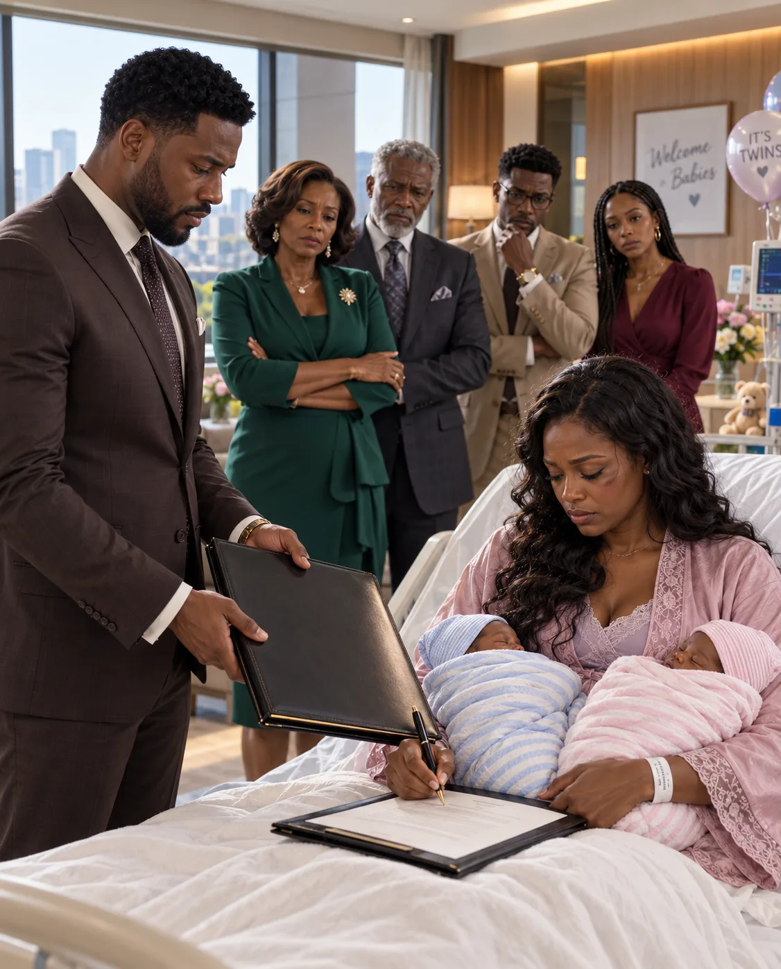 Three days after giving birth to my twin sons, my husband and the woman he had been seeing behind my back arrived at the hospital with a $200,000 settlement and more than twenty members of his family.