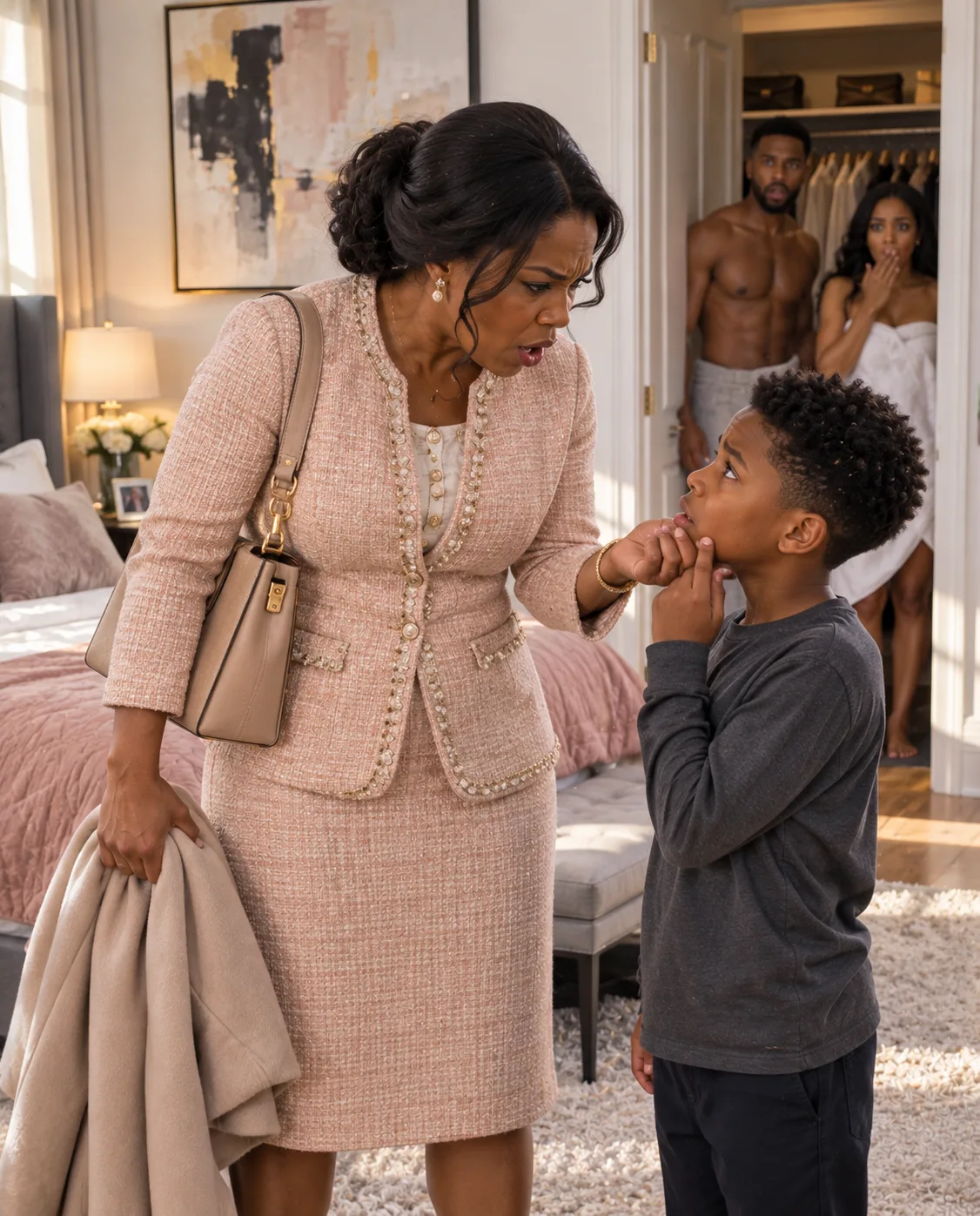 I came home from work, closed the bedroom door to change, and my five-year-old son suddenly whispered something that made my blood run cold: “Daddy kissed the lady who wears your robe… but it’s a secret.”