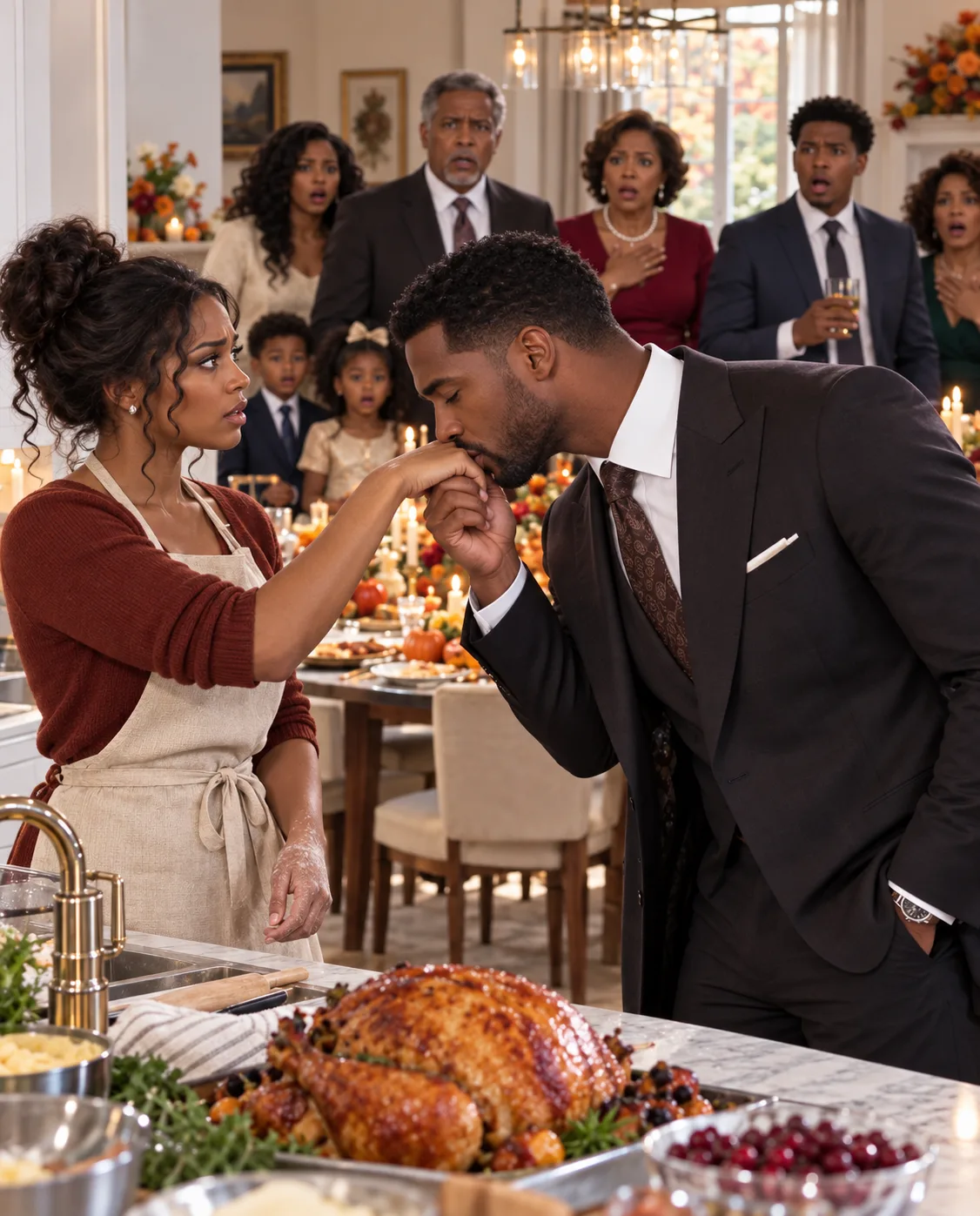 My father invited the entire family to Thanksgiving, but my mother forced me to stay in the kitchen cooking while everyone else celebrated. Two hours later, a man in a black suit walked in…