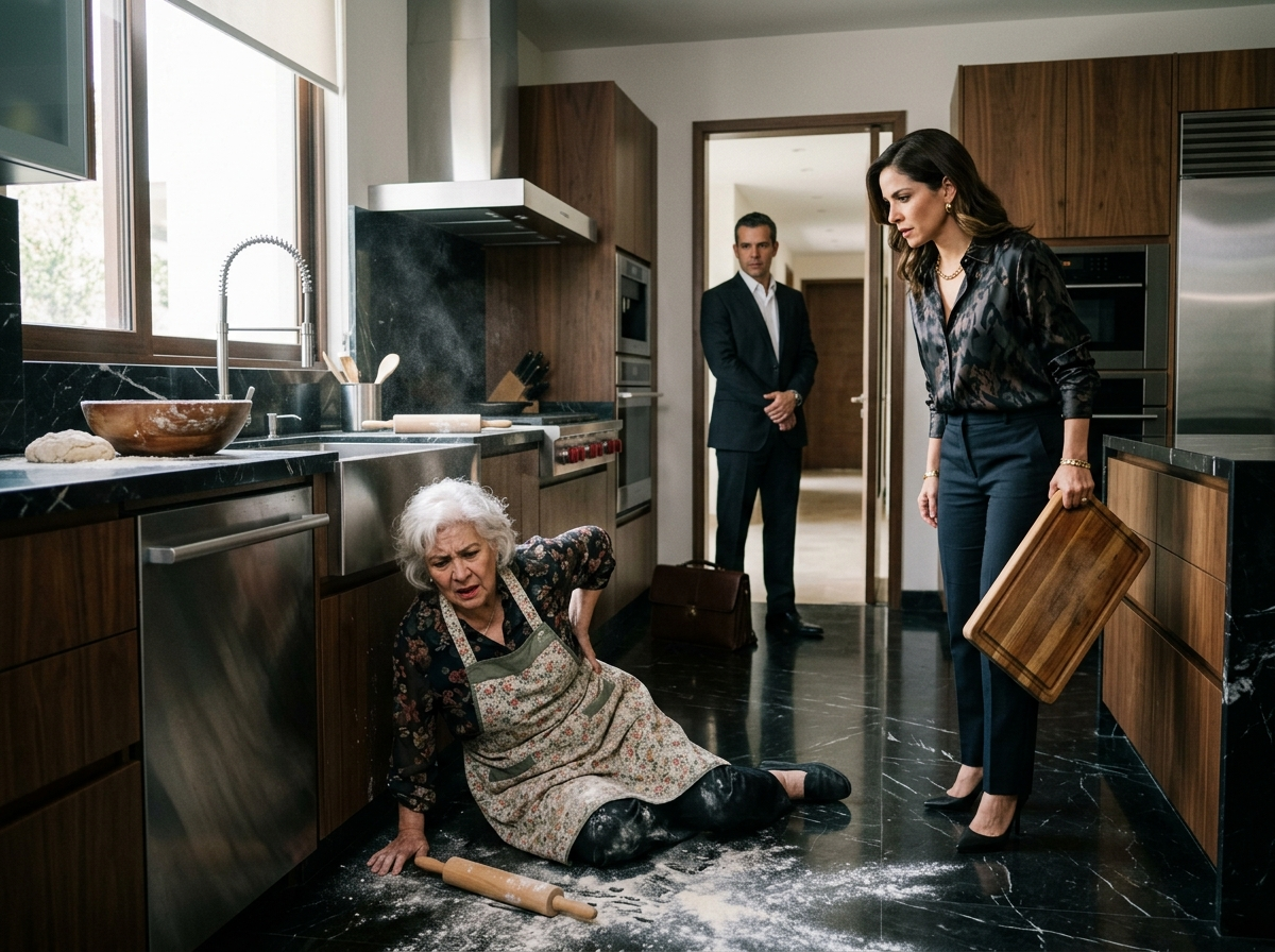 My daughter-in-law hit me hard on the back with a wooden board while I was stretching the dough to make bread—unaware that my millionaire son was right behind the kitchen door. He canceled her $280,000 aid… and she turned so pale she couldn't even hold the gold bracelet she was holding.
