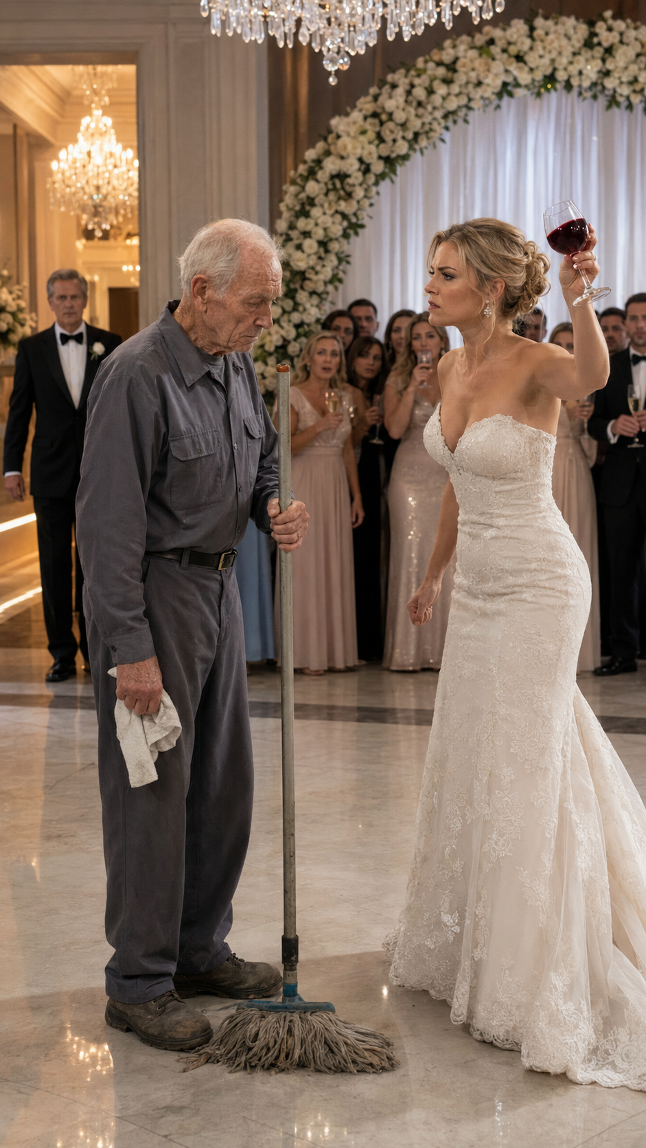 She Threw Wine In The Old Janitor’s Face—Then Her Father Asked Why He Was At The Wedding.
