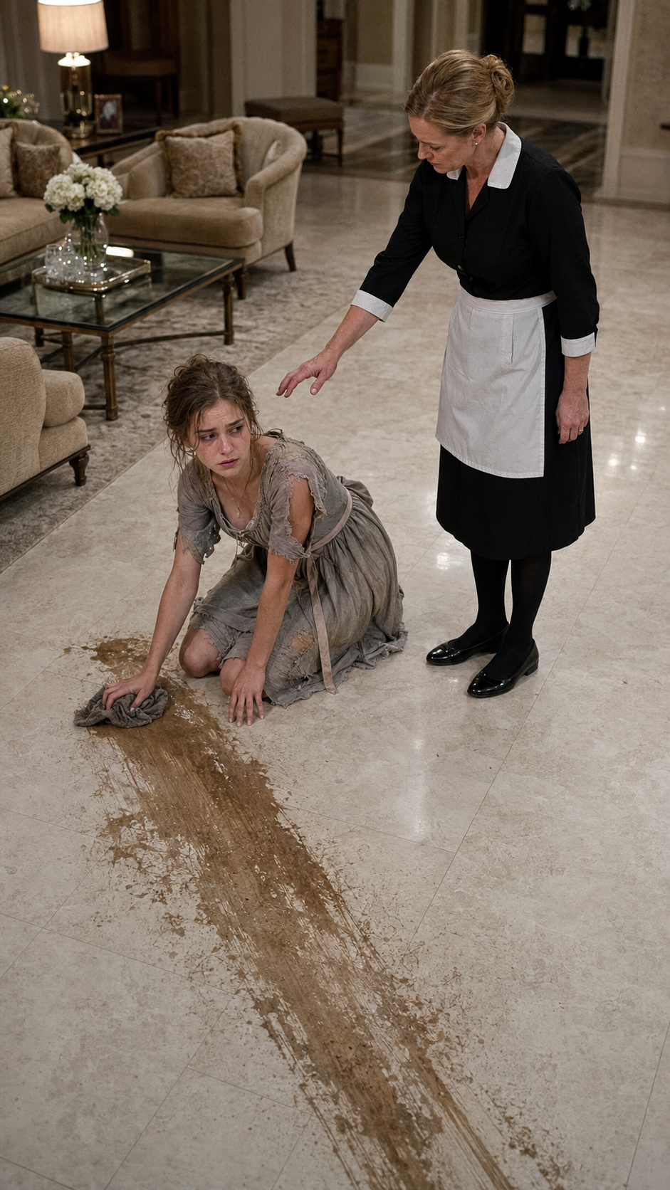 The Housekeeper Forced A Ragged 19-Year-Old To Scrub The Mansion Floor—But The Girl’s Father Was Watching From His Phone.