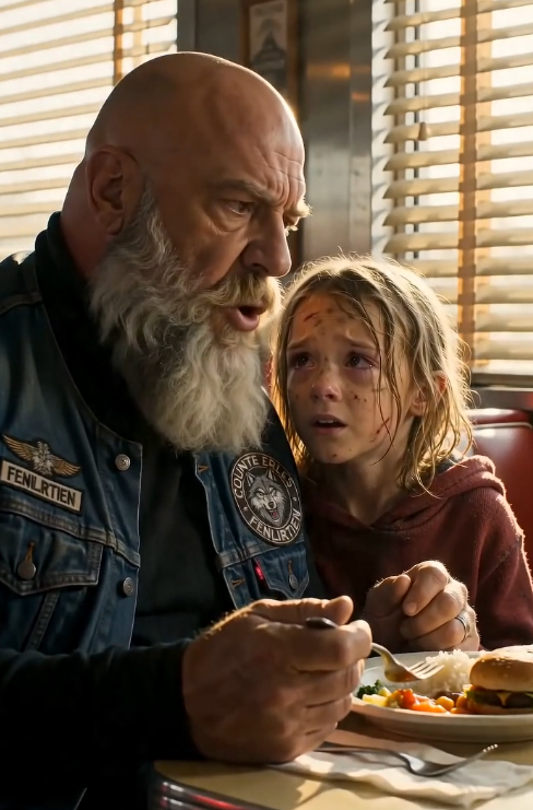 PART 2: The little girl appeared beside the biker’s booth so quietly that he didn’t notice her until a tiny hand tugged at the edge of his leather vest.
