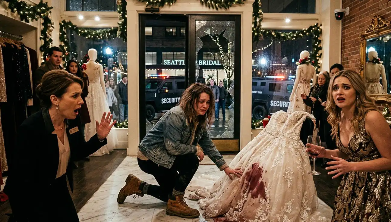 I Was Forced to Kneel Beside a Wine-Stained Bridal Gown… Until Black SUVs Stopped Outside the Glass Doors