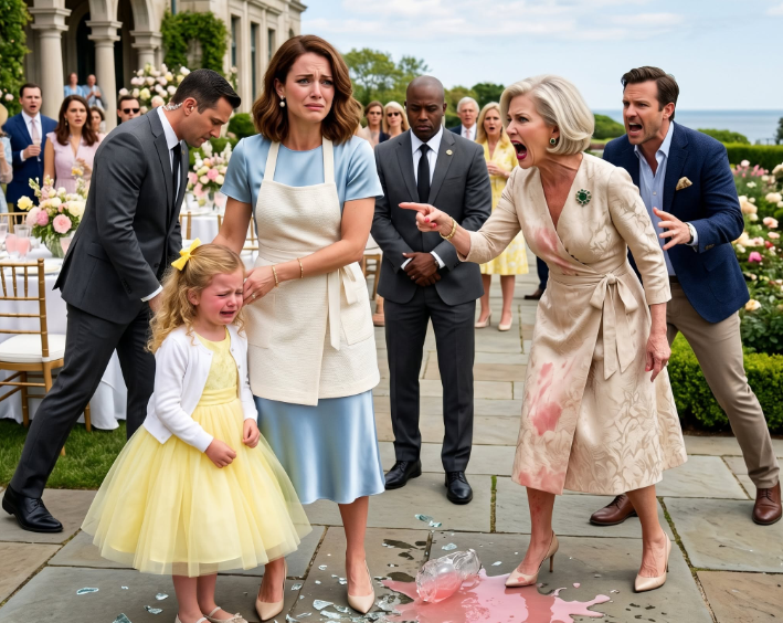 At Easter, my mother-in-law forced me to serve 500 guests and mocked my daughter, saying, “Watch your mother. That’s your future too.” When my little girl tried to help and spilled a tray, MIL screamed, “Clumsy brat! You ruined my designer dress!” Then two security guards bowed to me, and everything collapsed.