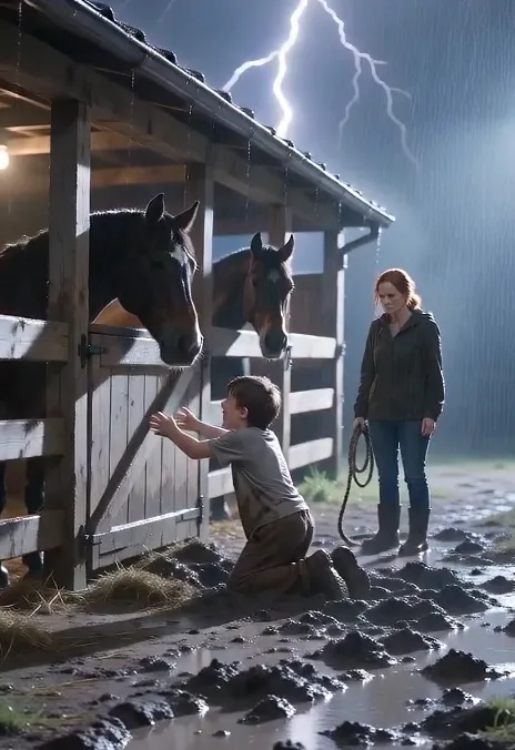 Six-year-old Ethan was on his knees in the freezing rain, desperately feeding the horses while begging his stepmother through tears: “Mom… please don’t hit me. I’m feeding them…”