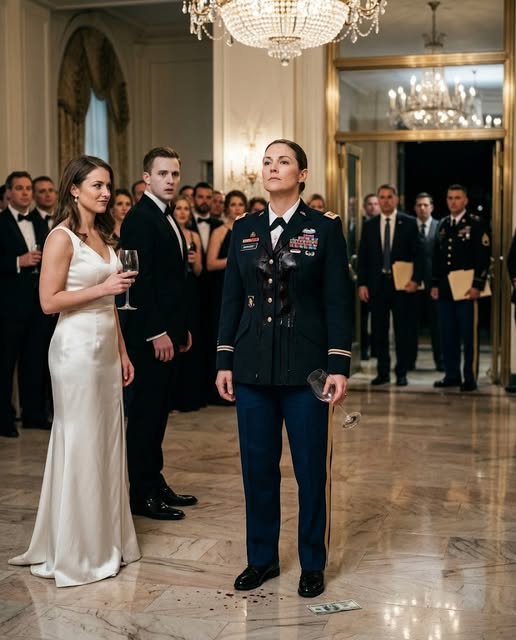 My sister threw red wine across my Army dress uniform in the middle of her engagement party, my father ordered security to drag me out, and her fiancé dropped a hundred-dollar bill at my boots like I was something he could buy