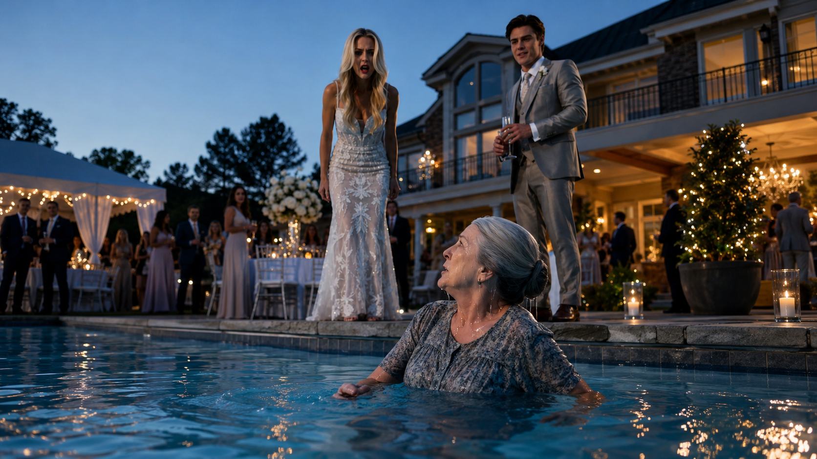 ONE SECOND IT WAS A LUXURY ENGAGEMENT PARTY. THE NEXT, A GRANDMOTHER WAS FALLING INTO THE POOL.