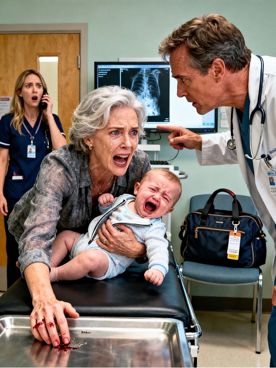My son’s wife dropped off my grandson, her hands shaking as she said, “He’s just fussy.” But his screams weren’t normal. I lifted his onesie and saw his tiny back covered in black bruises. The ER doctor’s voice was cold, “This was not an accident. We found a healing rib fracture.” Then he told me the police had just found their abandoned car at the airport…