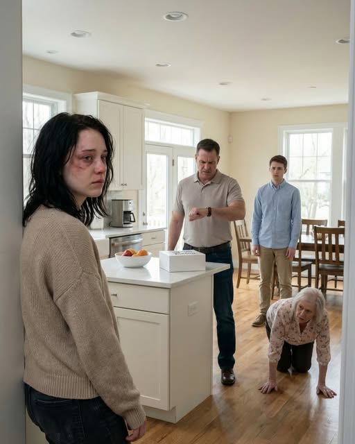 On my birthday, my father walked in, looked at my bruised face, and asked, “Sweetheart… who did this to you?” Before I could speak, my husband smirked and said, “I did. Gave her a slap instead of congratulations.” My father slowly took off his watch and told me, “Step outside.” But when my mother-in-law dropped to all fours and crawled away first, I knew this day was about to end very differently.