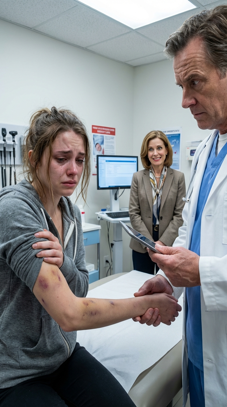 “My mother-in-law kept repeating, ‘She slipped in the shower—it was just an accident,’ as if saying it enough times would make it true. I stayed quiet until the doctor looked at my bruises, then at me, and said, ‘These injuries don’t match a fall.’ In that instant, I saw panic flash across her face for the first time. She thought the bathroom would hide what happened. She forgot the truth leaves marks.”