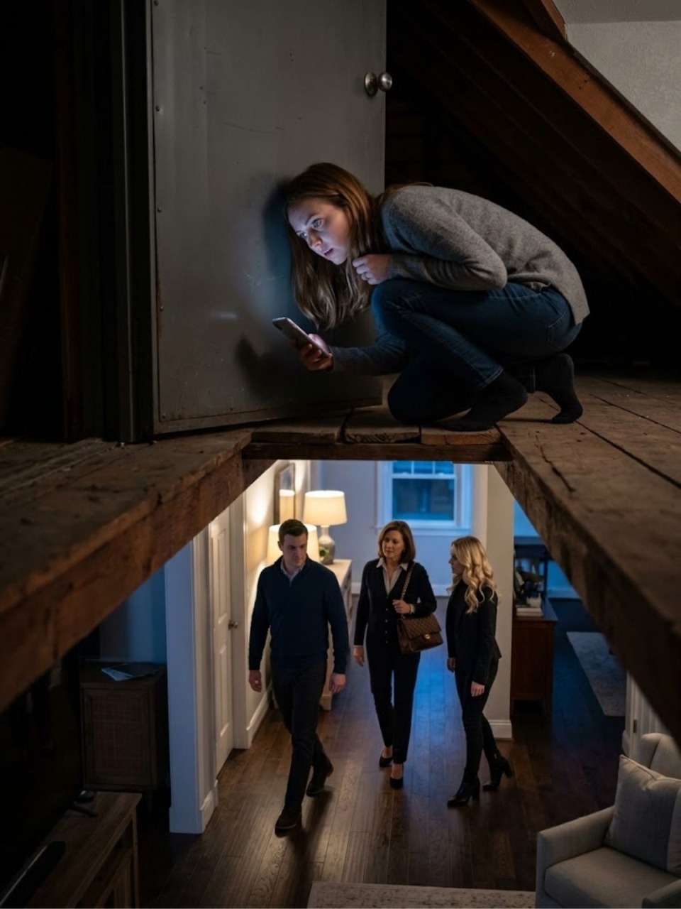 My husband called at midnight from what he said was an FBI emergency and told me to turn off every light, lock myself in the attic, and stay silent no matter what I heard, so I obeyed because I thought he was protecting me—until the front door chimed, the keypad flashed green, and he walked into our Virginia house completely calm with my mother, my sister, and her husband right behind him, spreading papers across my kitchen island while I crouched in the dark above them and realized the attic was never meant to keep danger out… it was where he needed me hidden while they talked about my money, my future, and what would happen “once she’s gone”