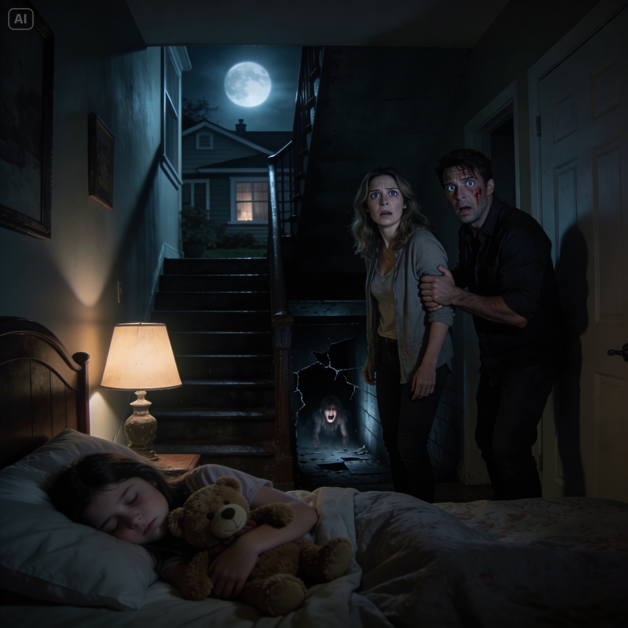 That night, I woke up to the sound of my daughter crying in the hallway. But when I opened my bedroom door, I saw she was still fast asleep in her bed, clutching her teddy bear like always. The crying didn’t stop. It kept coming—faint, broken, and weak… from the basement. My husband immediately grabbed my arm, his face drained of color, and said in a voice I had never heard from him before, “Don’t go down there. No matter what you hear.”