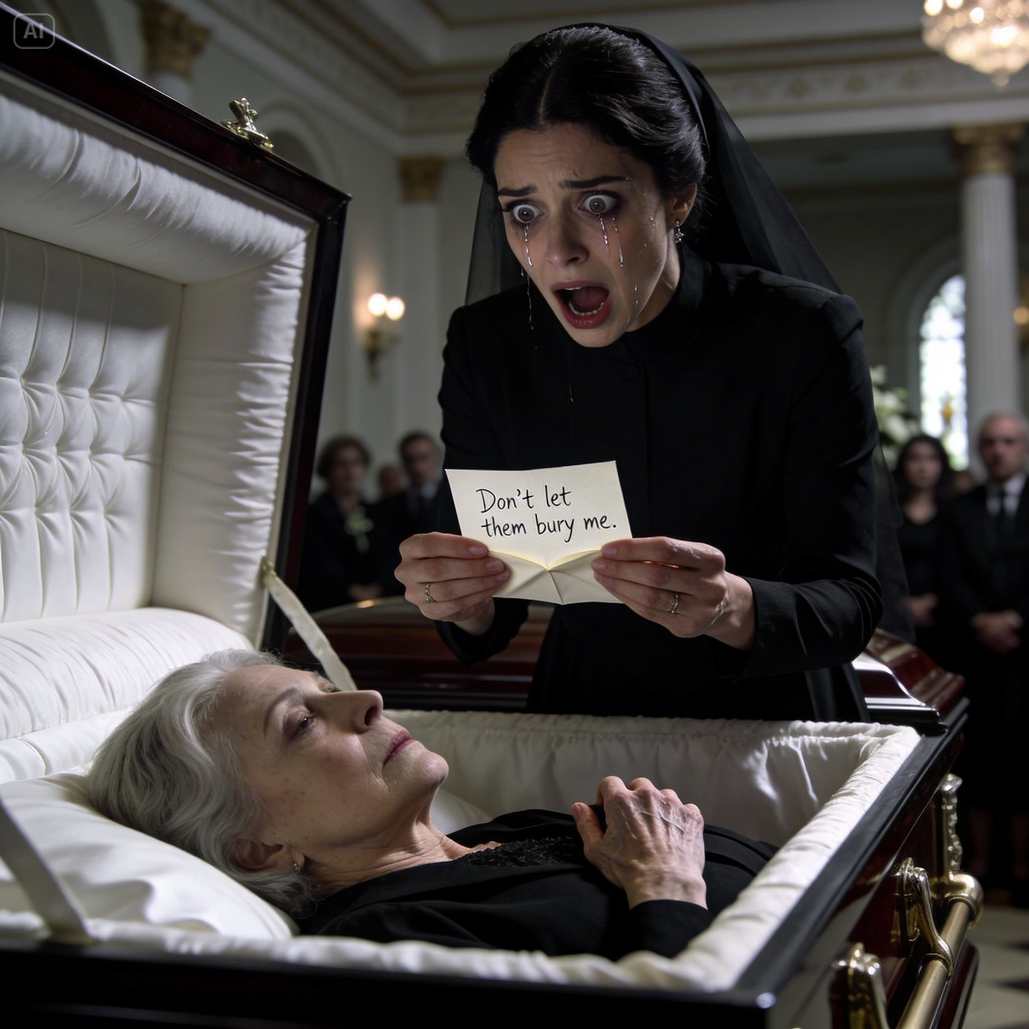 At my mother’s funeral, people stepped up one by one to look at her for the last time. I walked forward too, trying not to fall apart. But the moment I leaned down, I noticed something hidden beneath her cold hand—a piece of paper folded into quarters, as if she had been keeping it there just for me. I opened it right there on the spot. There was only one sentence: “Don’t let them bury me.” And at that exact moment, the coffin lid gave a slight shake.