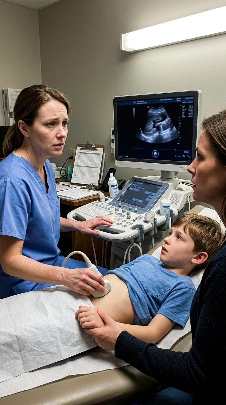 When the Doctor Suddenly Stopped the Ultrasound, Face Pale and Hands Trembling, Asking in a Voice That Shook ‘Is Your Husband Here?’—A Mother’s World Collapsed in an Instant as the Images Revealed Something Inside Her 10-Year-Old Son That Went Far Beyond Illness and Showed a Crime Hidden in the Most Ordinary Moments That No Parent Would Ever Dare Imagine