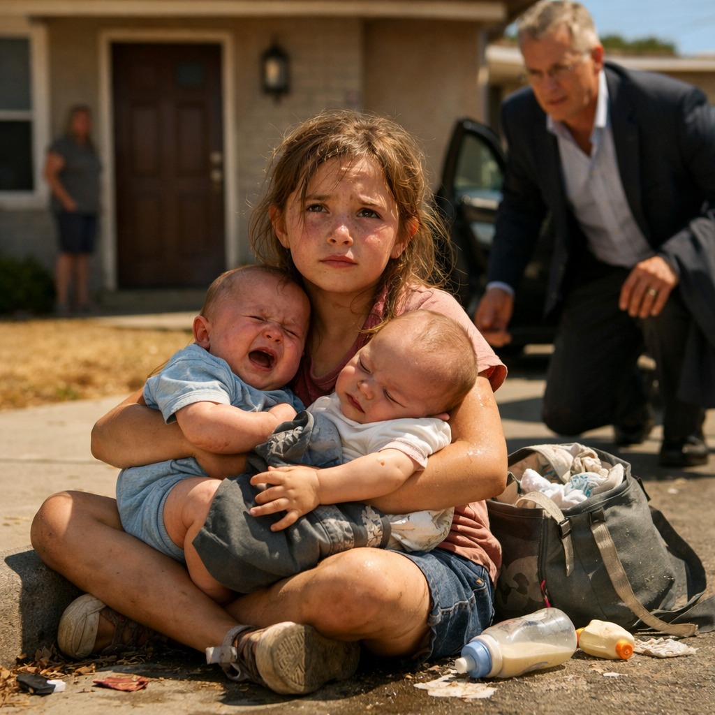 I Was Only Eight When I Sat on the Curb Holding Two Crying Babies, and Every Neighbor Looked Away—then a stranger covered us with his coat, carried us into his car, and later told the judge, “She didn’t need a rescuer… she was already a witness.”