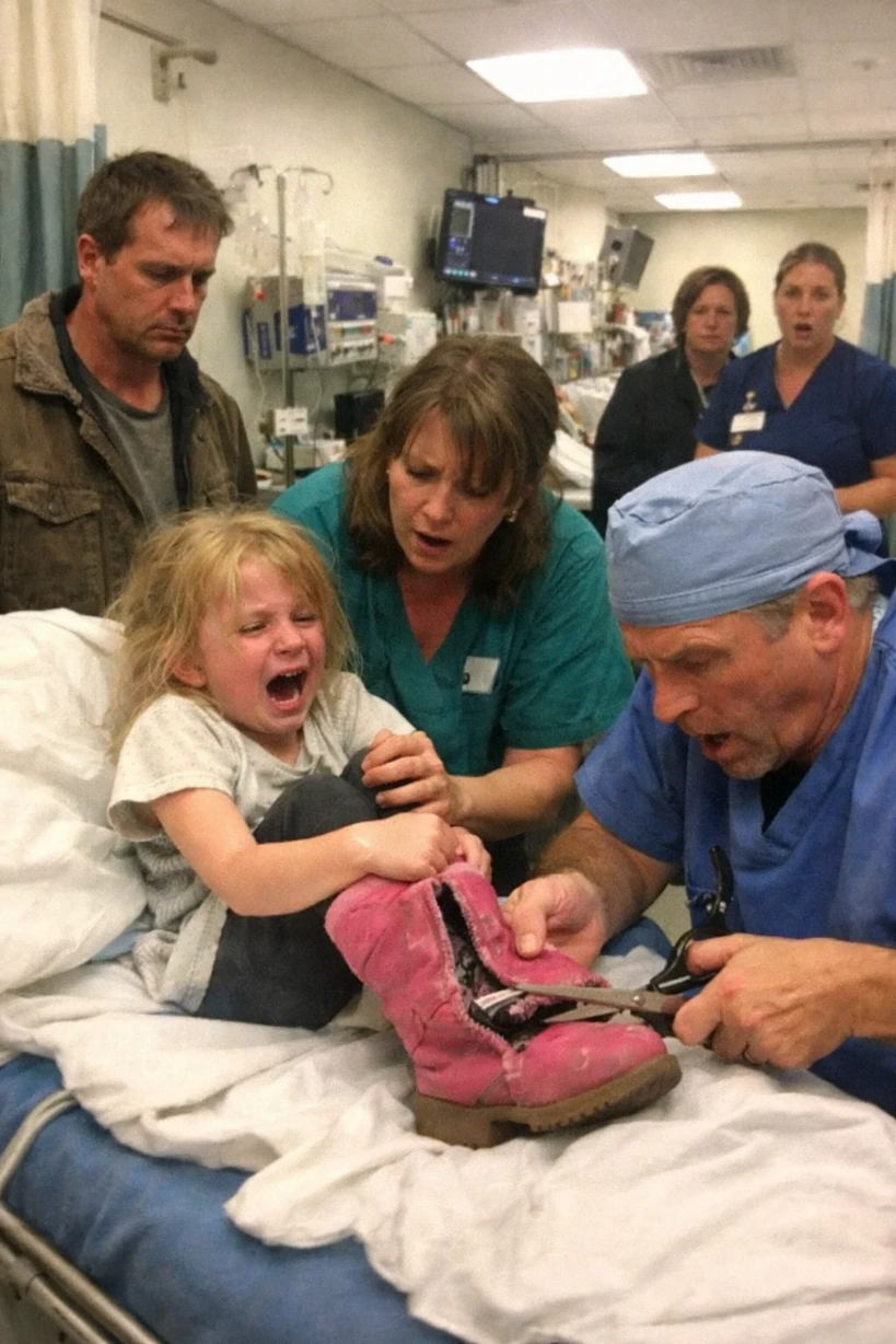 ok A 7-Year-Old Girl Screamed When Nurses Tried to Remove Her Boots in the ER — “Don’t Take Them Off, He Said the Bad Will Come Out,” She Begged, But When the Surgeon Cut Them Open, the Entire Room Froze in Horror