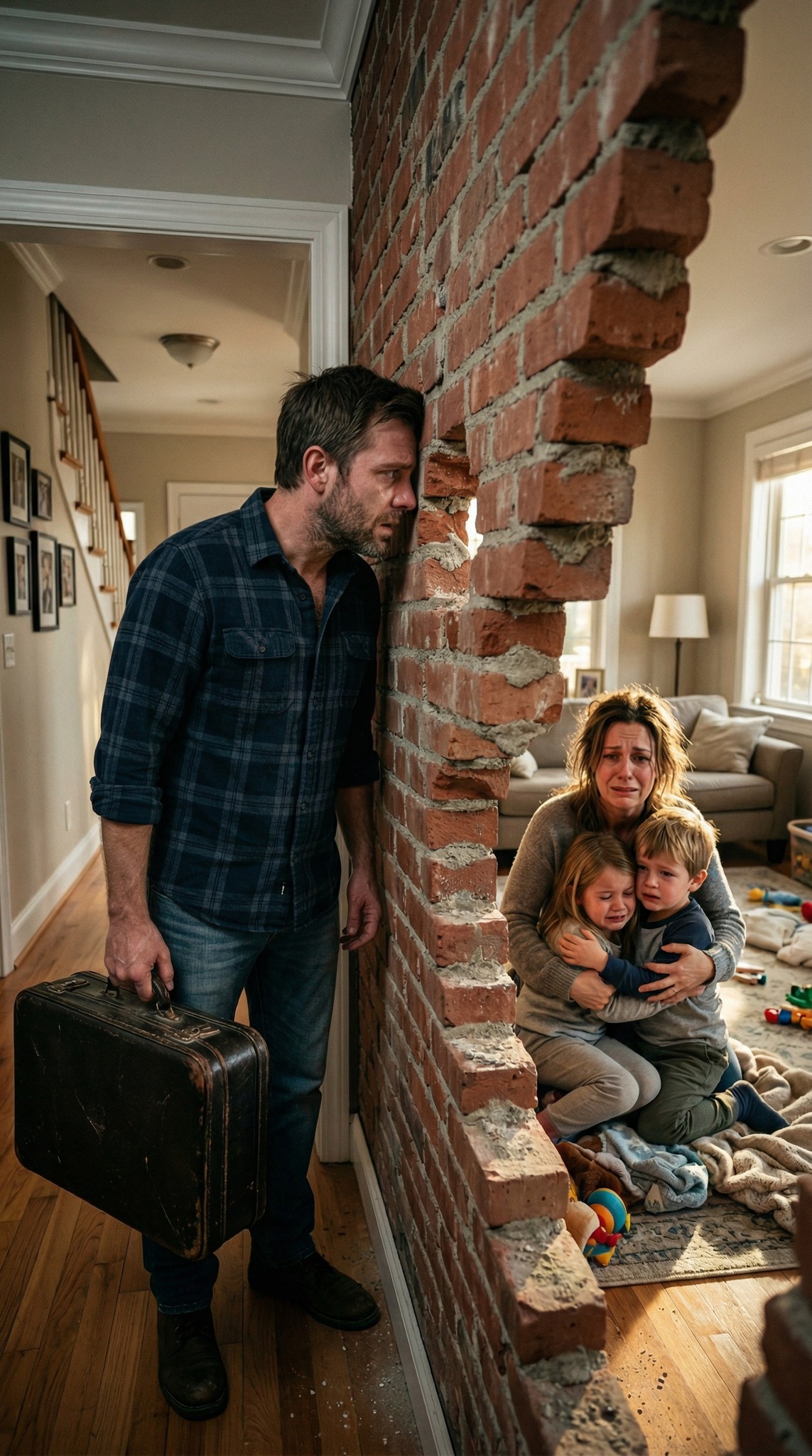 I came home from a three-day business trip, dropped my suitcase, and froze. A brick wall split my living room in half, fresh cement still wet. “Hello? Anna? Kids?” I shouted, pounding on the cold surface. Then a tiny voice whispered from the other side, “Daddy… don’t let him hear you.” My blood turned to ice. Who built this wall inside my house—and what had they done to my family?