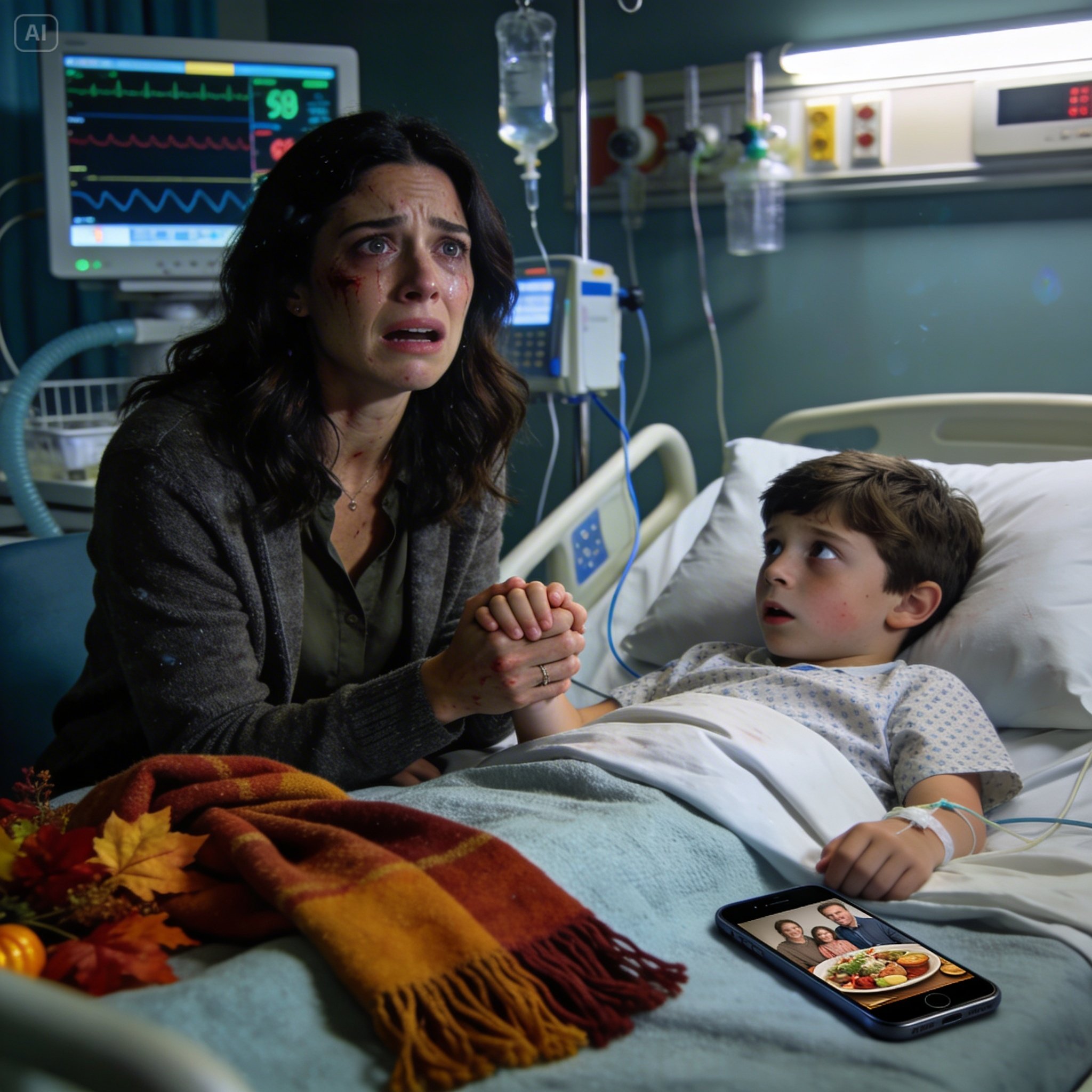 At our Thanksgiving family dinner, my son suddenly collapsed the moment he bit into a piece of chicken. He was rushed to the hospital, and I sat beside him, clutching his hand with trembling fingers. Then, hours later, he slowly opened his eyes and looked right at me. “Mom, it worked,” he whispered. And what he said next sent a wave of terror through my entire body.