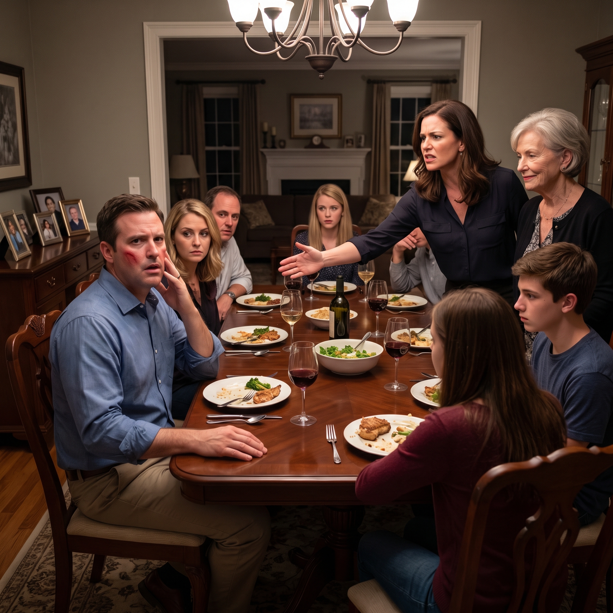 At the family dinner, I made the mistake of talking back to my mother-in-law just once. I hadn’t even had the chance to explain myself when my wife shot up from her chair and slapped me across the face in front of everyone. The whole table went silent. My mother-in-law curled her lips into a smug little smile, like she had just won the biggest round of her life. I touched my cheek, let out a cold laugh, and said, “You really think doing that will protect your family’s secret?” In that instant, no one at that table could stay calm anymore.…