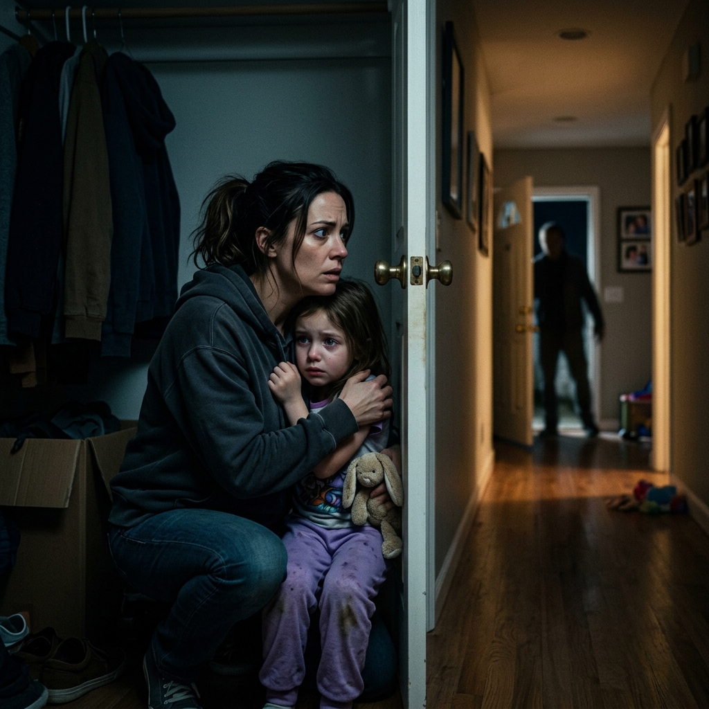 My husband came home early from his business trip. There was a knock at the door, and then a voice called out, “I’m home!” But the instant my 6-year-old daughter heard it, she grabbed my shirt and whispered in terror, “Mommy… that’s not Daddy’s voice. We need to hide.” My heart dropped. I grabbed her hand, and we slipped into the closet in the living room. And just moments later, something unbelievable happened.