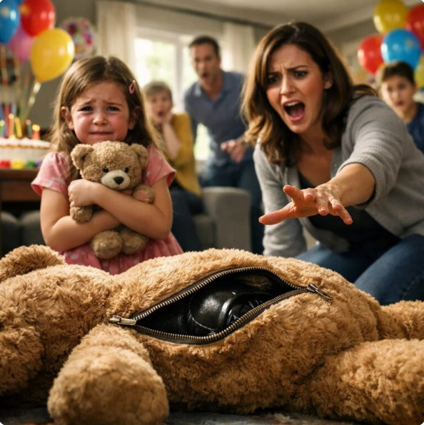 For my daughter’s 6th birthday, my in-laws sent her a cute brown teddy bear as a gift. She looked happy at first, then FROZE. “Mommy, what is it?” I looked closer and WENT PALE. I didn’t shout. I took action. Three days later, police were at their door…..
