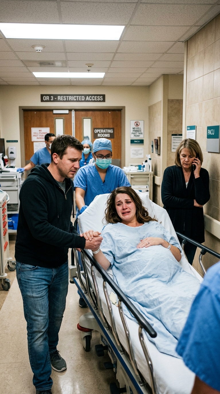 As they rushed me into emergency surgery, I begged my husband to stay with me. But outside the operating room, my mother-in-law wasn’t praying for me or my baby—she was on the phone whispering, “How is your pregnancy, sweetheart? Don’t worry, you’re the real hope of this family.” My blood ran cold. Then my husband let go of my hand, and I realized the child inside me was already being replaced…