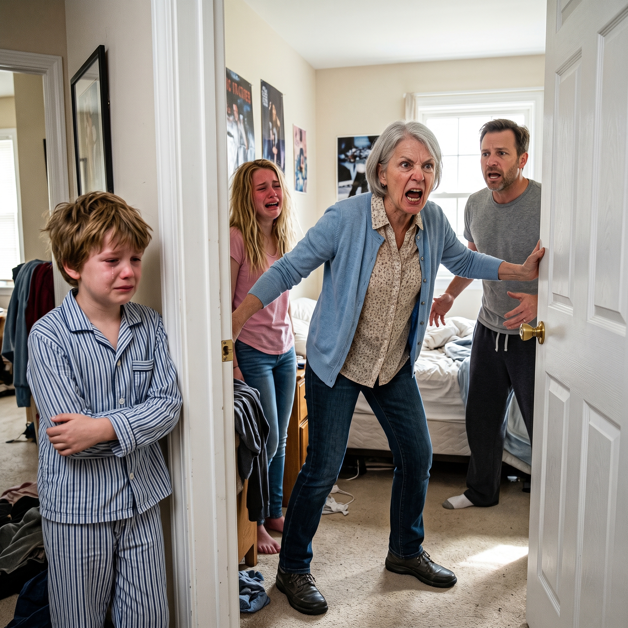 My 11-year-old grandson whispered that his teenage sister had screamed from their stepfather’s room, then suddenly gone quiet. I drove there as fast as I could, but when I opened that door, the scene inside left everyone stunned and unable to speak.