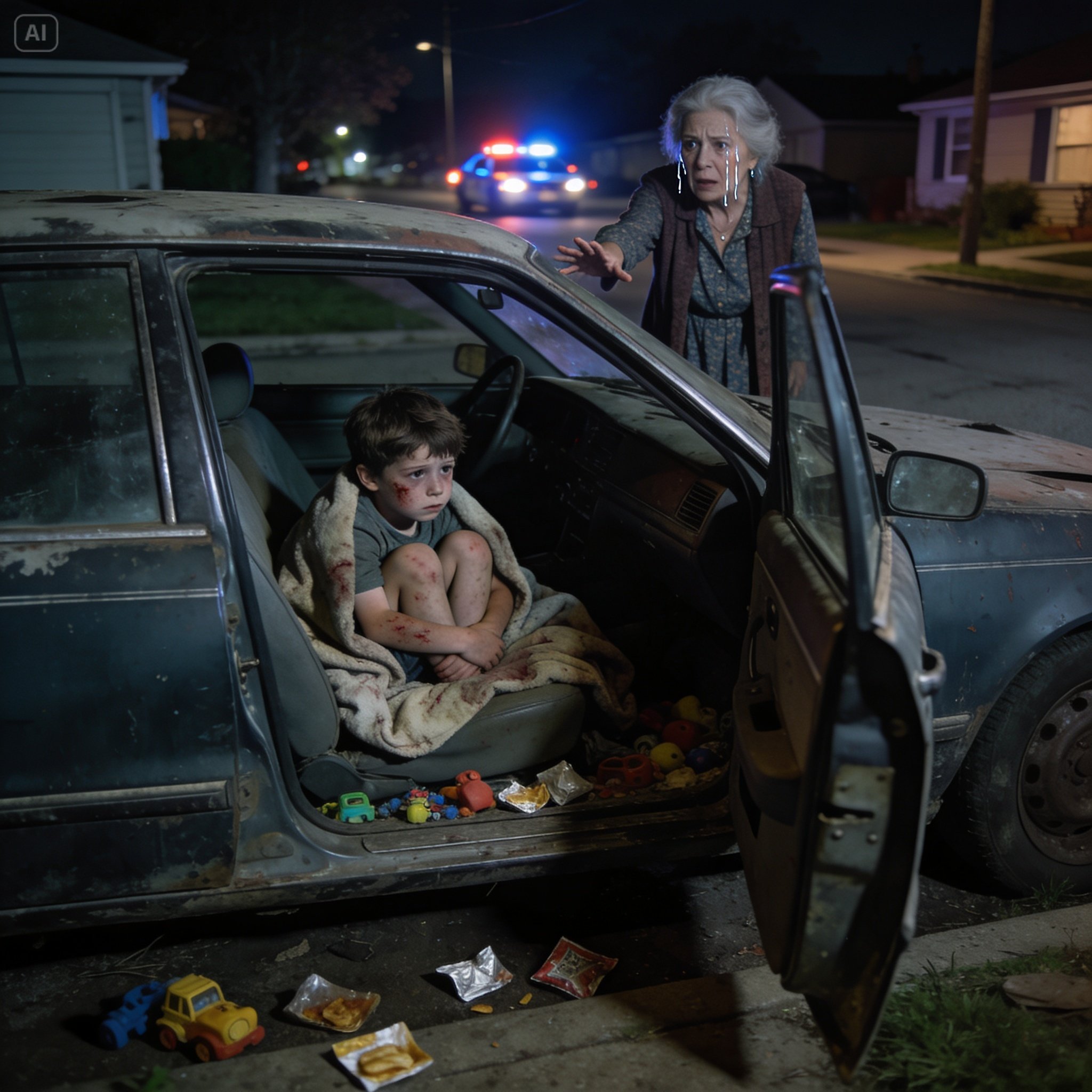 In an old car, my 6-year-old grandson whispered, “Grandma, please help me…” He was covered in bruises and living alone in that car. When I called his parents, they laughed from the beach and said, “We’re having fun, don’t bother us.” Then they came home and froze…