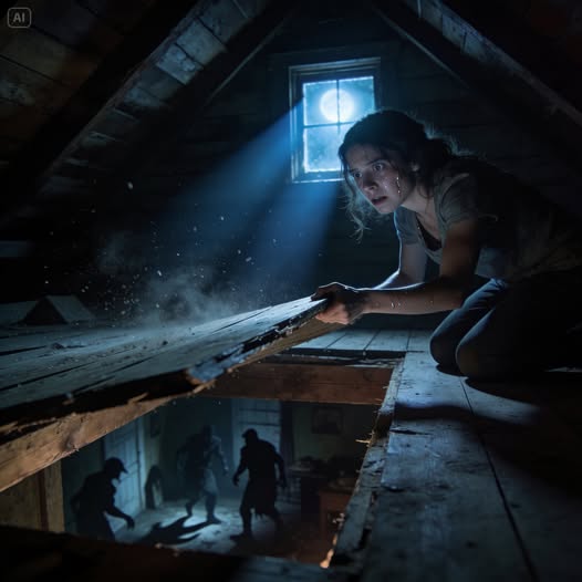My sister called me at midnight and whispered, “Turn off every light. Go to the attic. Don’t tell your husband.” I thought she’d lost it… until I looked through the floorboards.