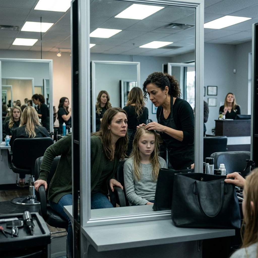 My twelve-year-old daughter kept saying she felt a sharp pain behind her neck, so I took her to the salon thinking it might be something minor with her hair or scalp. But as the stylist worked, she suddenly paused and leaned in, her voice lowering. “Ma’am… this doesn’t look right.” I looked into the mirror and froze. I didn’t ask questions—I took my daughter and went straight to the police.