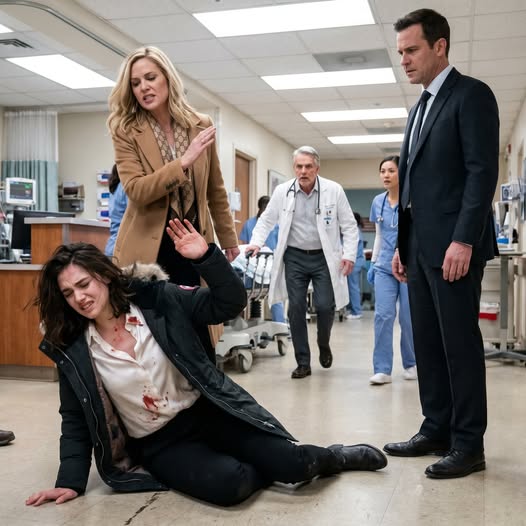 My rich older sister publicly slapped me in a packed emergency room, screaming that I was a pathetic liar desperate for sympathy and money. Everyone stared while I struggled to stay standing. But the moment my winter coat slipped open and the doctors saw the blood pouring from my side, the entire room froze in horror.