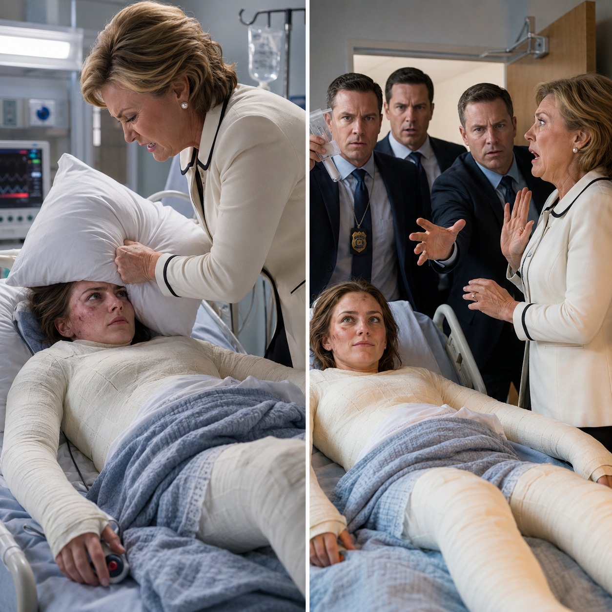 I was trapped in a full-body cast, recovering from a suspicious balcony fall that nearly snapped my spine. My mother-in-law leaned over my hospital bed, viciously pinching my bruised cheek, and held a pillow over my face. “You should have died in the fall, you cheap trash, but I’ll finish the job so my son can be free,” she whispered maliciously, pressing down hard. I held my breath with terrifying calm, waiting exactly ten seconds before hitting the silent alarm hidden in my palm. The door immediately burst open, revealing not doctors, but the three private investigators who had been monitoring this trap for the past 48 hours.