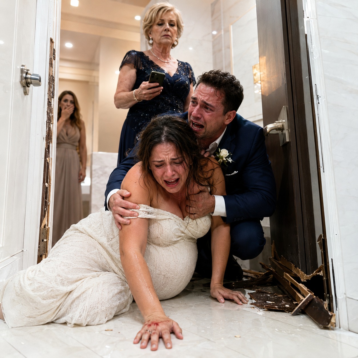 “Not today. This is Anna’s day, and you will stay here quietly until it’s over!” My cruel mother-in-law hissed, locking me in the venue’s restroom during agonizing labor. My frantic husband finally kicked the door down, finding me collapsed with bloody knuckles while she coldly watched. Just look at this shocking photo.